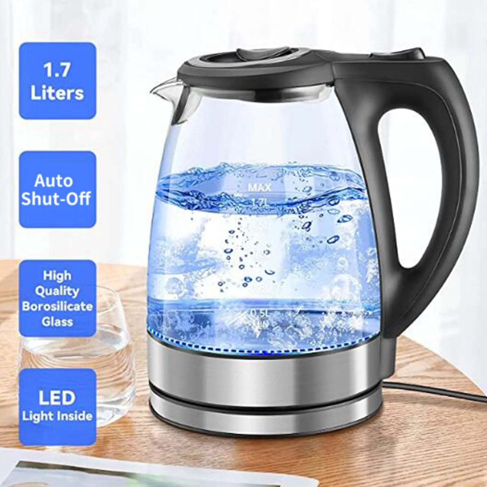 1.7L Electric Kettle 1500W Glass Hot Water Kettle Fast Heating Electric Tea Kettle Water Boiler & With Auto Shut-Off