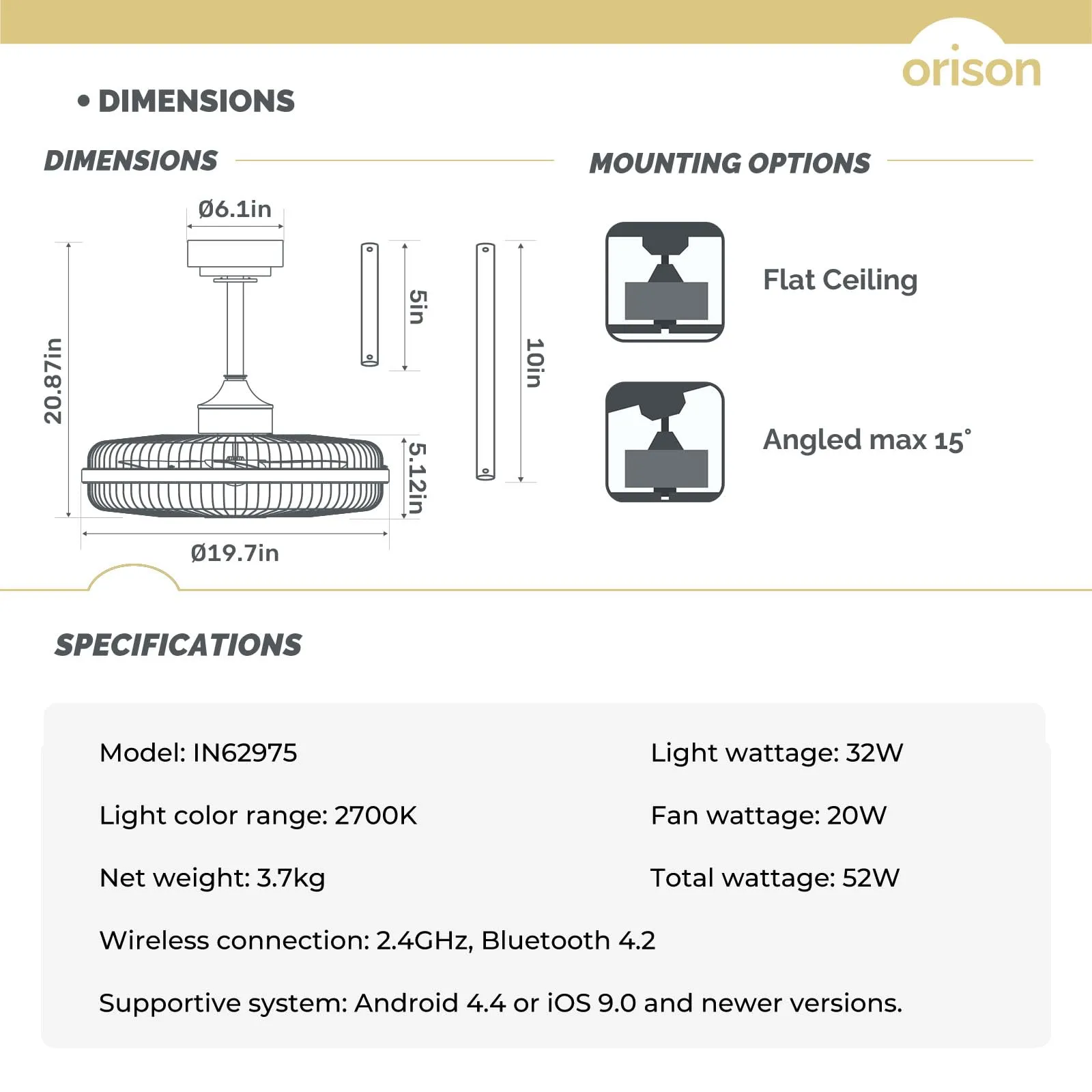 19.7" Orison Enclosed Ceiling Fan with Lights and Remote Control for Living Room Bedroom