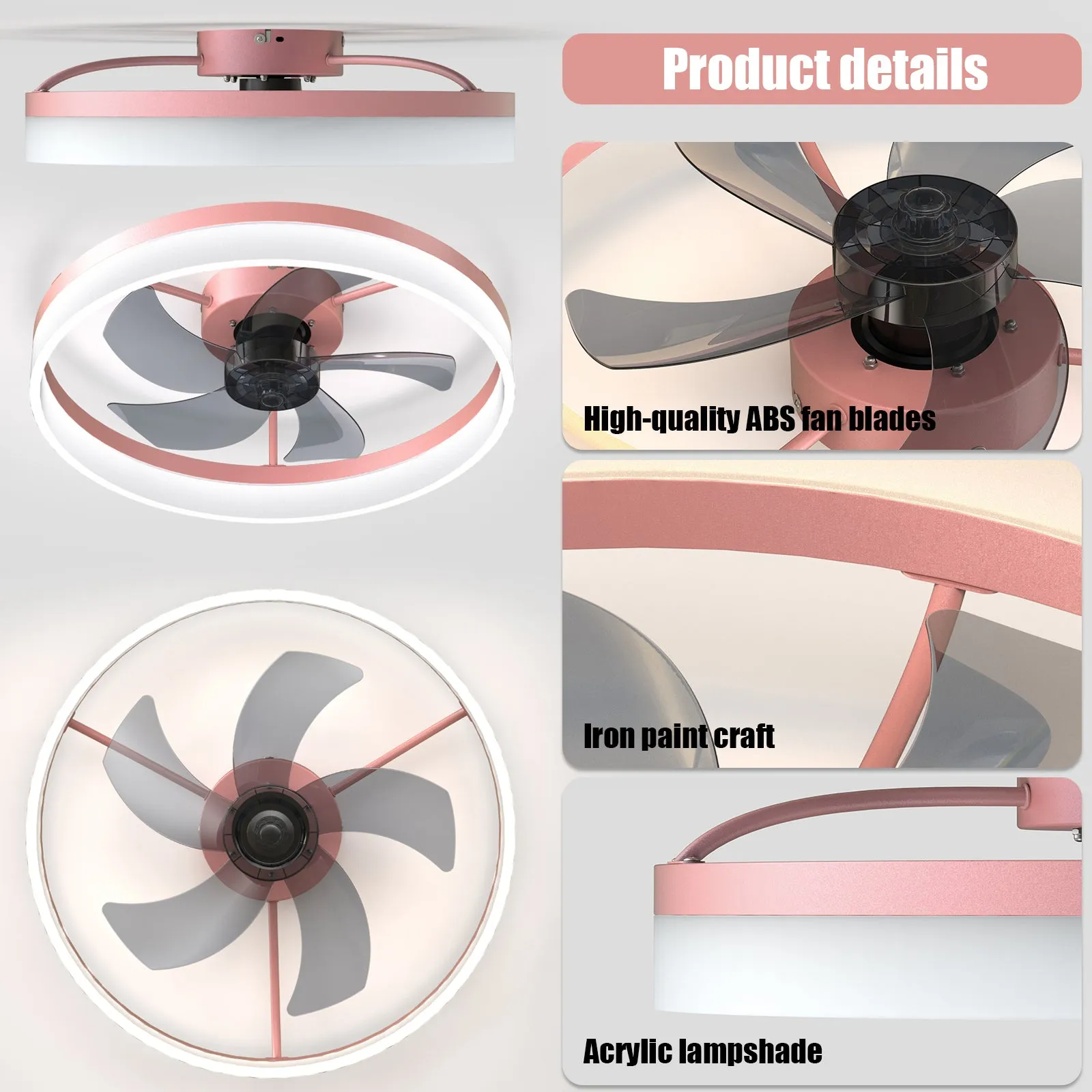 19.7" Simple LED Ring Chandelier Fan Modern Recessed Ceiling Light Chandelier Pink Ceiling Fan Light