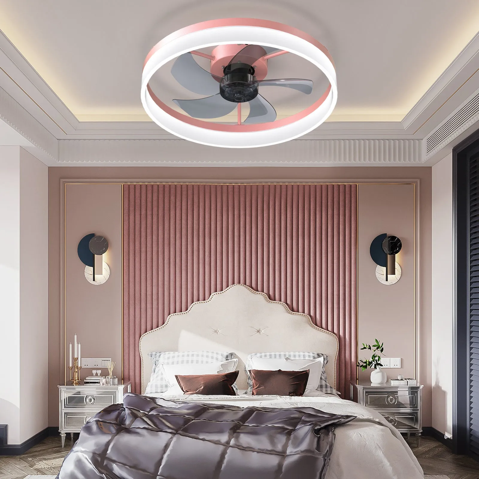 19.7" Simple LED Ring Chandelier Fan Modern Recessed Ceiling Light Chandelier Pink Ceiling Fan Light