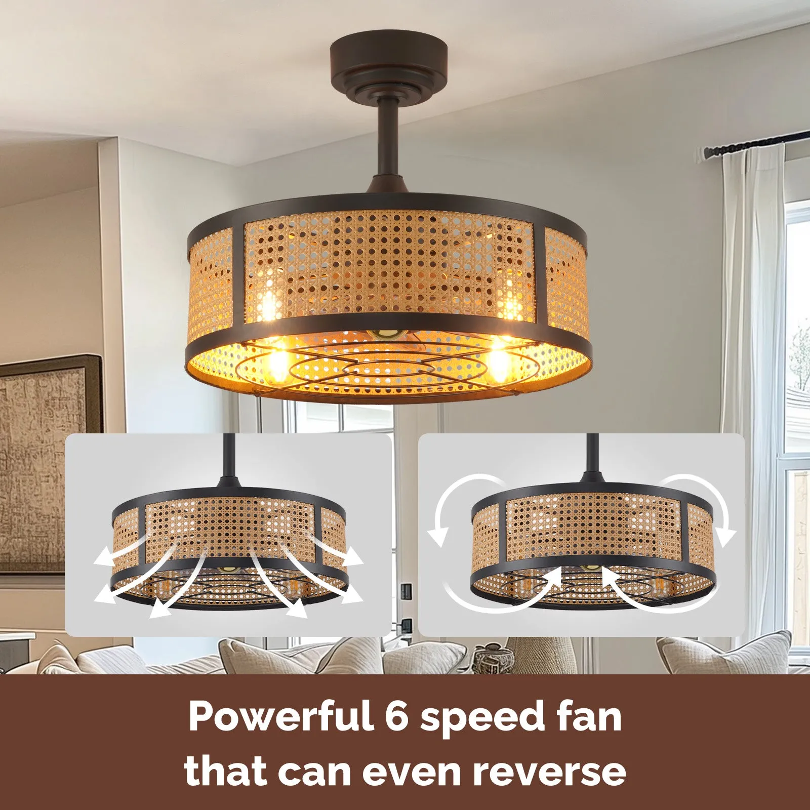 20" Orison Boho Ceiling Fan With Lights, Rattan Fandelier Caged Ceiling Fan with Remote/APP Control