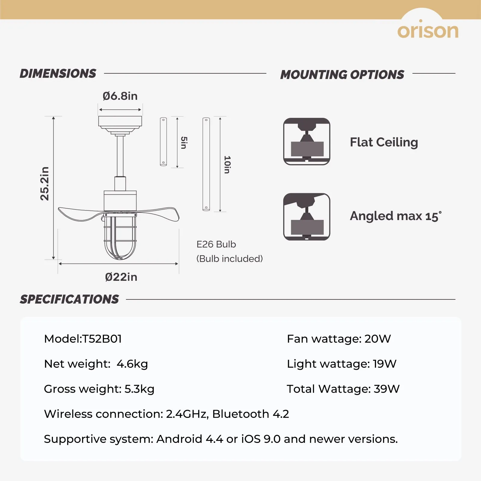 22" Orison Ceiling Fans with LED Lights, Small Ceiling Fan with Remote/APP Control for Patio