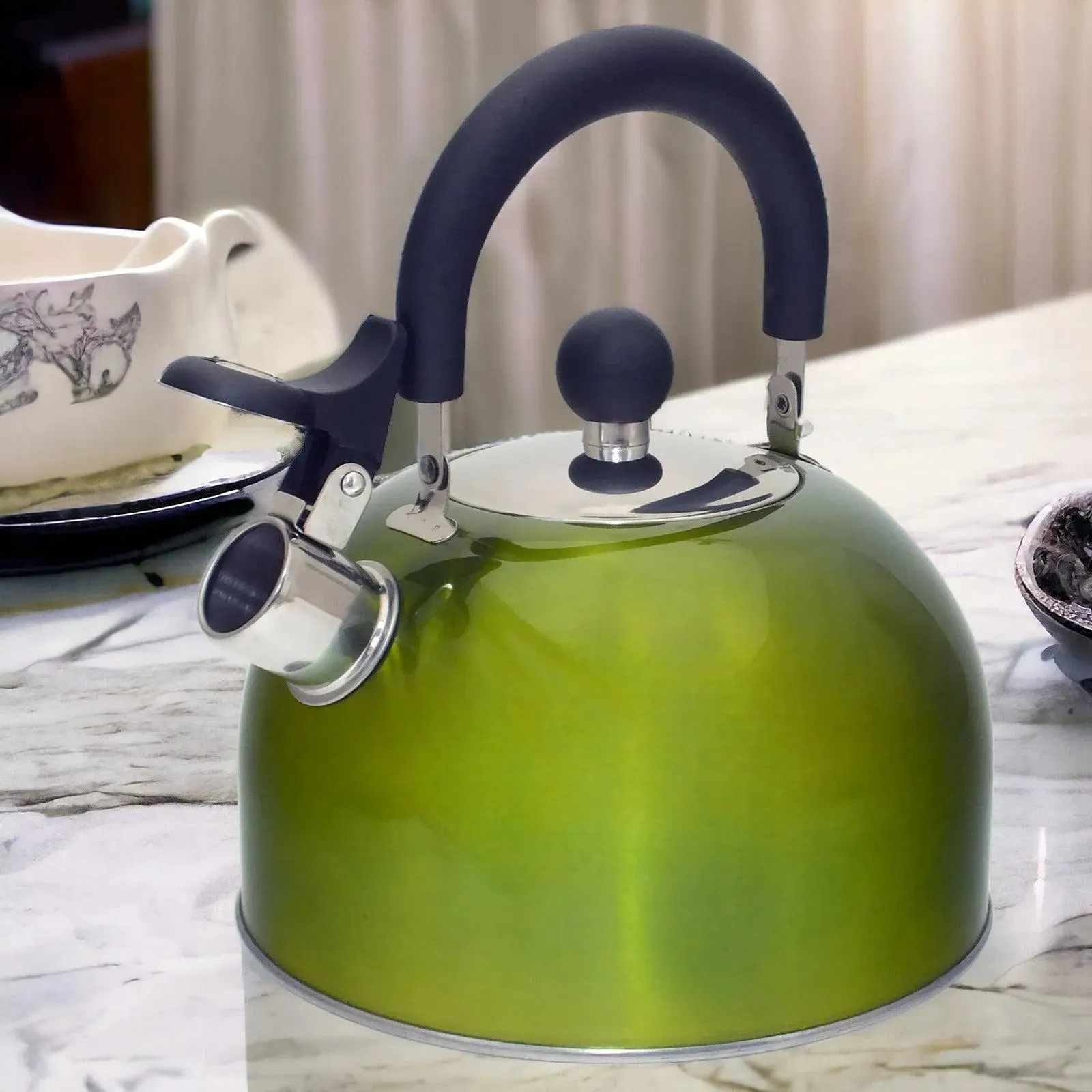 2.5L Metallic Green Stainless Steel Whistling Stovetop Kettle