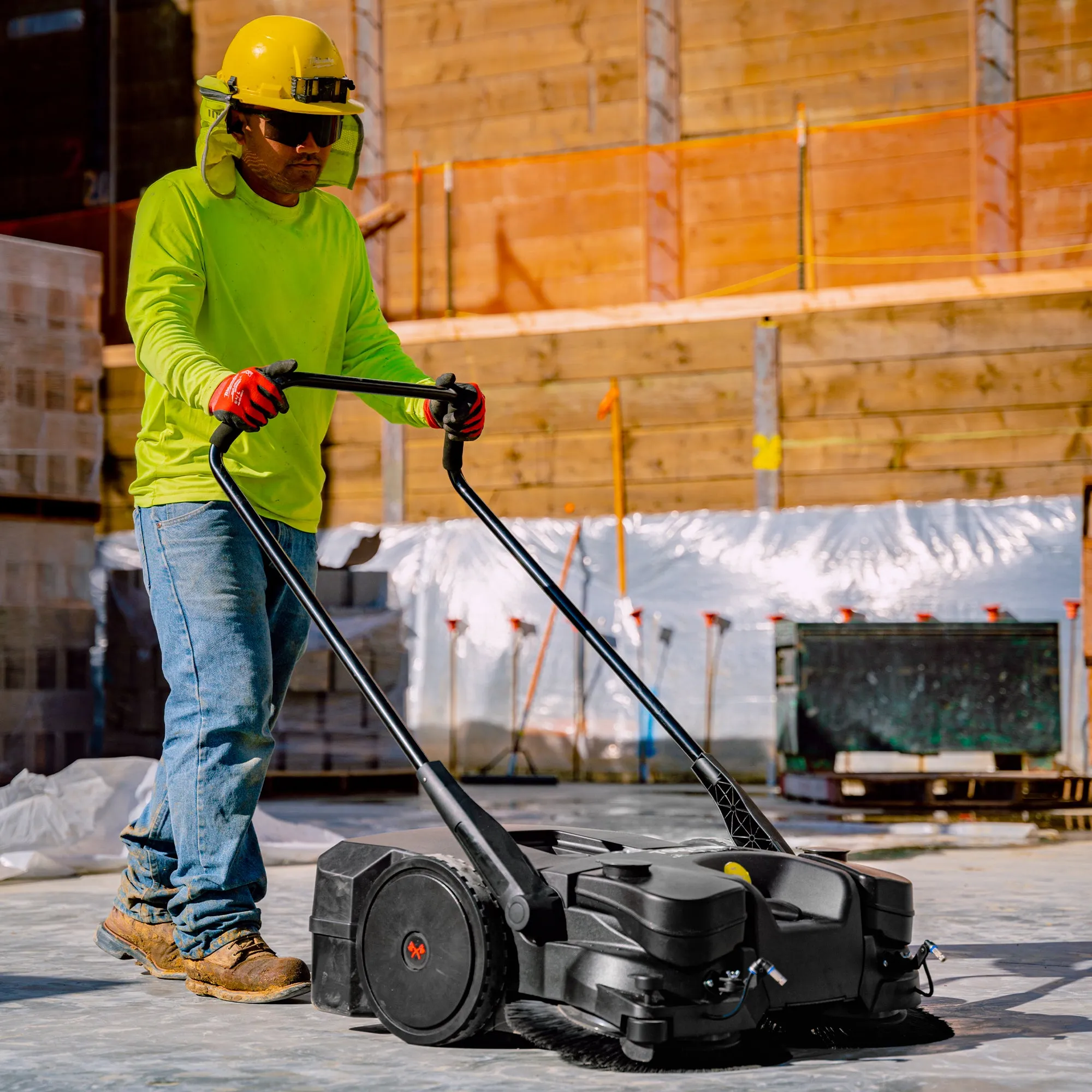 30" Battery Powered Push Sweeper with Triple Power Brooms Electric Drive and Dust Suppression