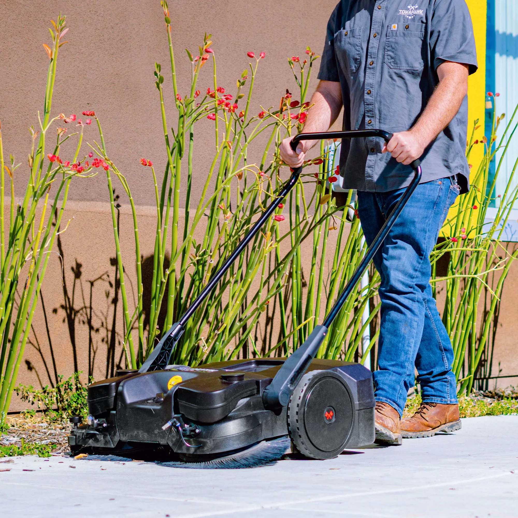 30" Battery Powered Push Sweeper with Triple Power Brooms Electric Drive and Dust Suppression