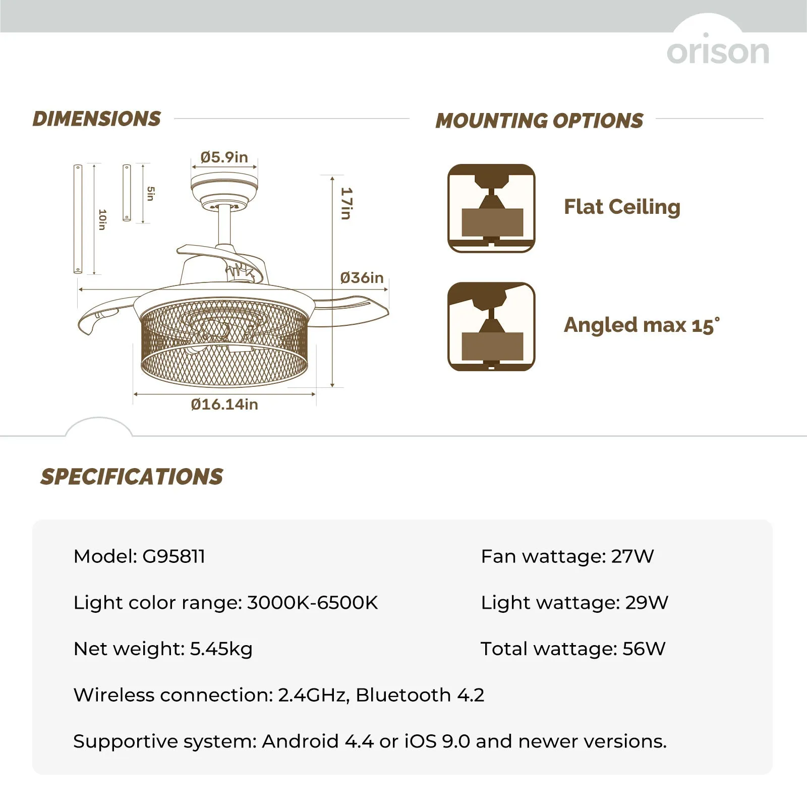 36" Orison Retractable Ceiling Fan with Light and Remote/APP Control, Backlight for Bedroom (Bulbs not included)