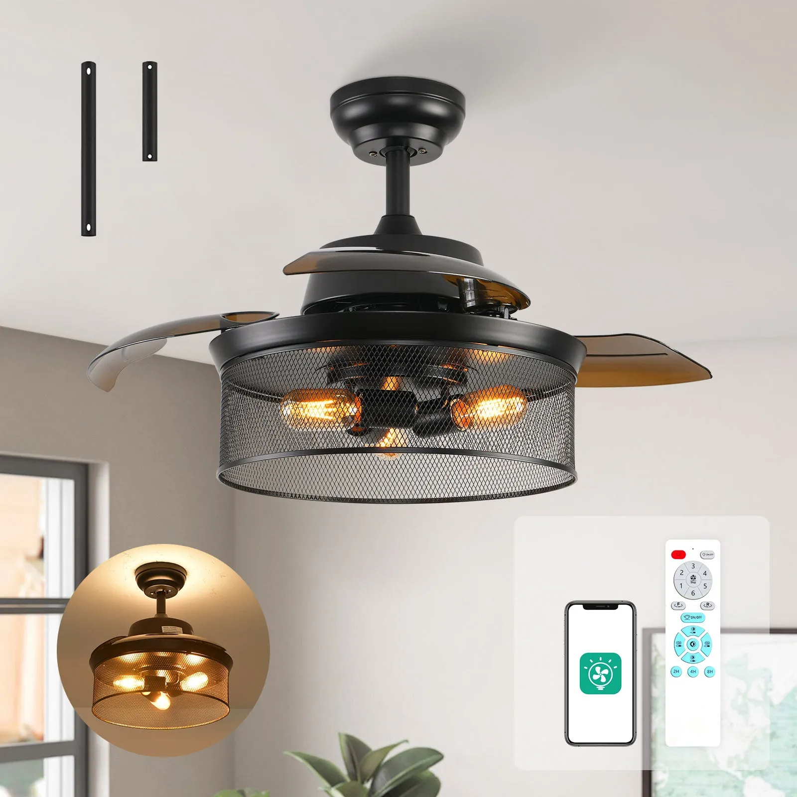 36" Orison Retractable Ceiling Fan with Light and Remote/APP Control, Backlight for Bedroom (Bulbs not included)