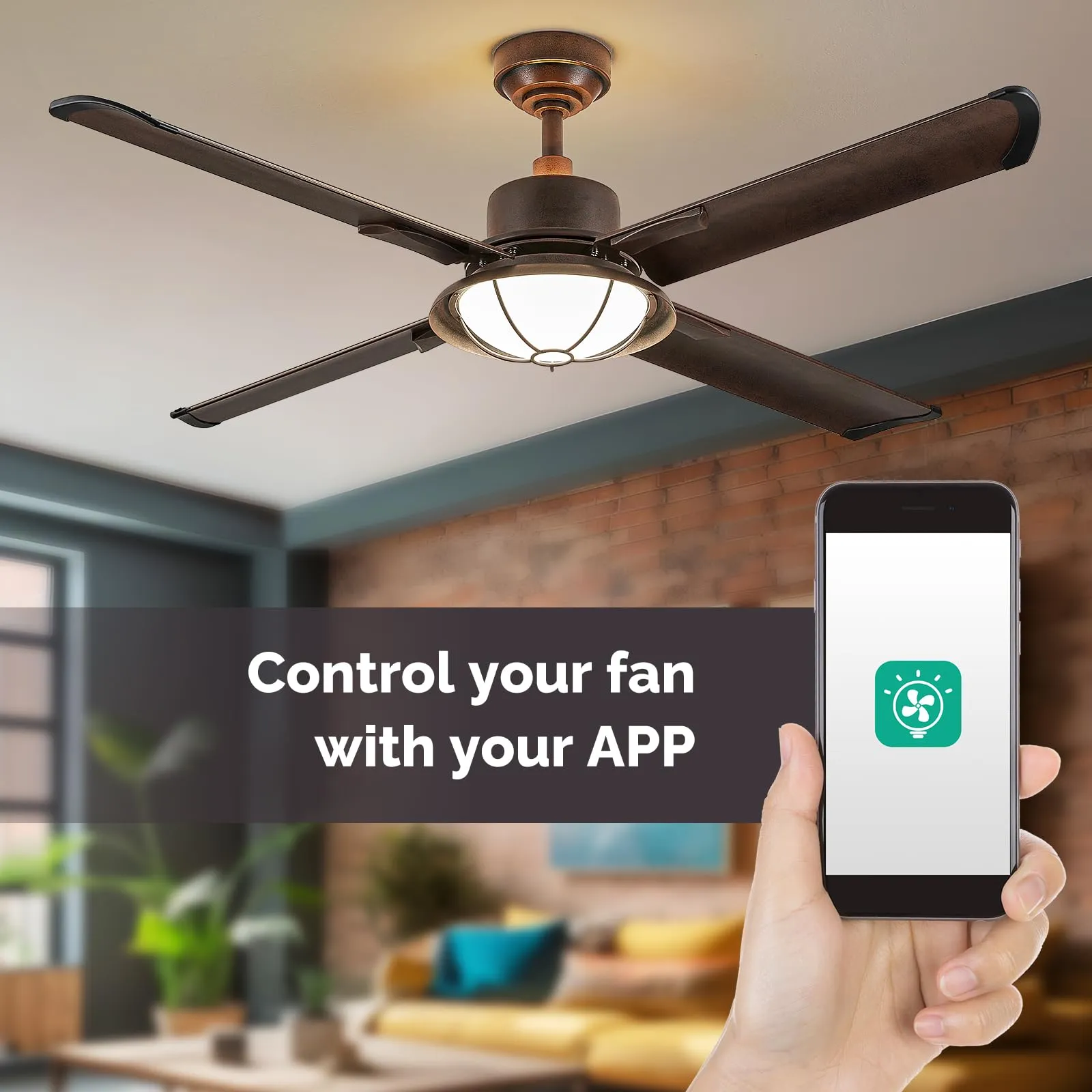 52 Inch Ceiling Fan with Light, Backlit Ambient Light with Remote/APP Control, 4 Aluminum Blades