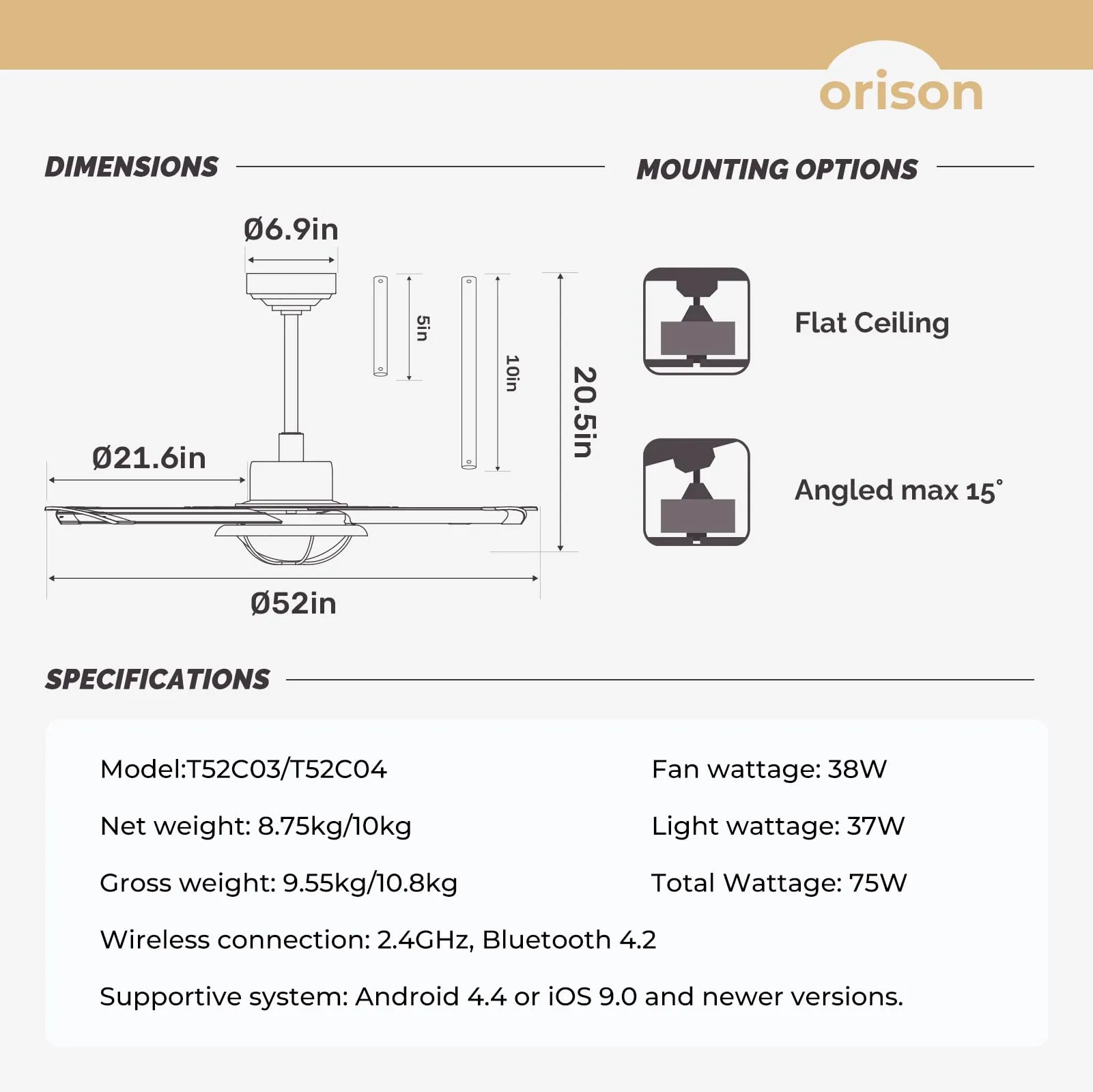 52 Inch Ceiling Fan with Light, Backlit Ambient Light with Remote/APP Control, 4 Aluminum Blades