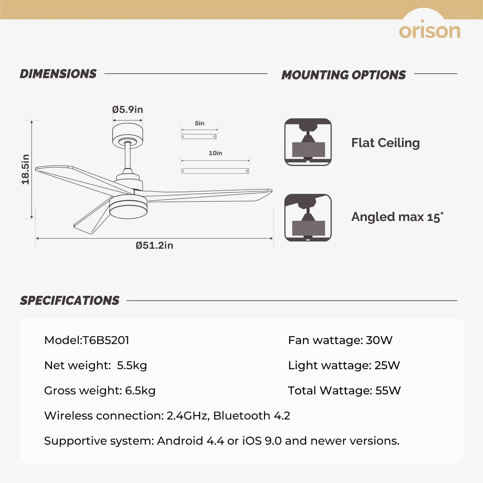 52" Orison Ceiling Fans with RGB Backight and Remote/APP Control, Dancing Light for Living Room