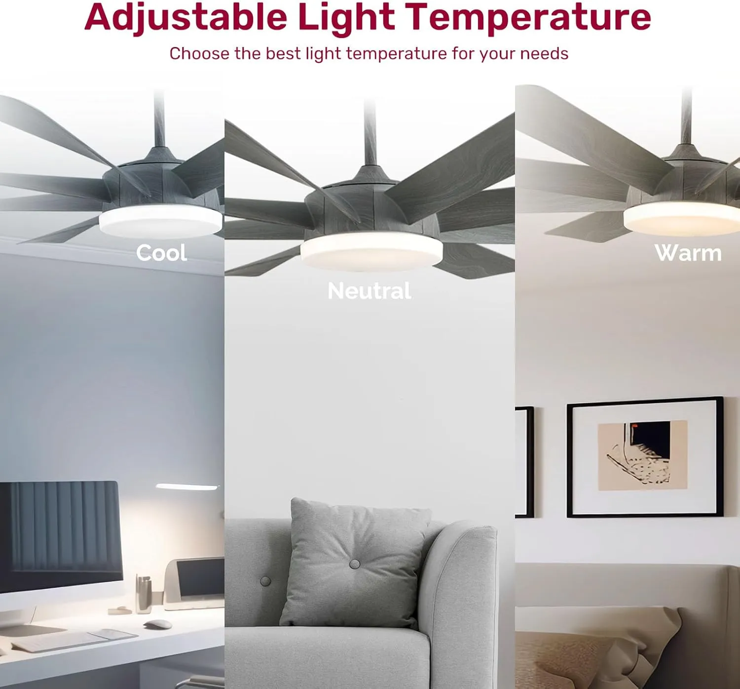 60-inch Large Ceiling Fans with Lights and Remote, Dimmable 3-Color Temperature, Reversible Blades, and 6 Speed