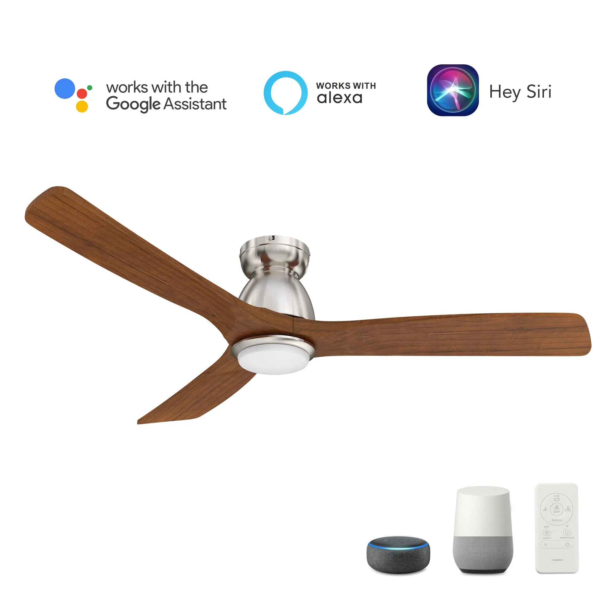 AKRON 52 inch 3-Blade Flush Mount Smart Ceiling Fan with LED Light Kit & Remote- Silver/Red Wood Solid Wood Blades