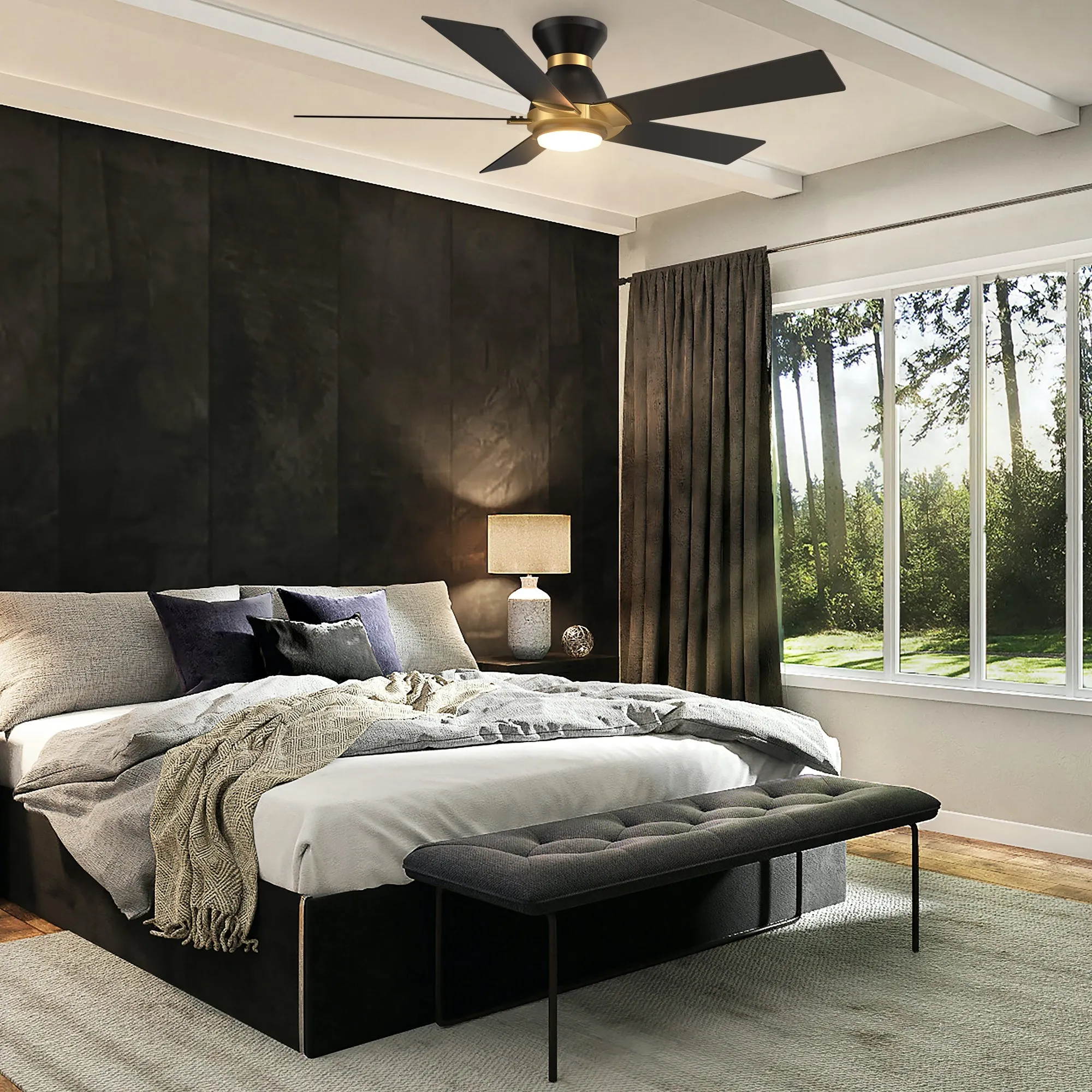 ASCENDER 52 inch 5-Blade Flush Mount Smart Ceiling Fan with LED Light & Remote Control - Black/Black (Gold Detail)