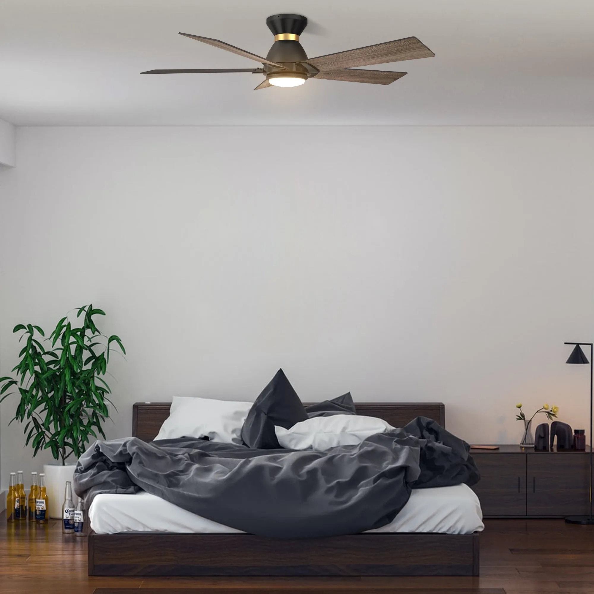 ASCENDER 52 inch 5-Blade Flush Mount Smart Ceiling Fan with LED Light & Remote Control - Black/Walnut & Barnwood (Reversible Blades)