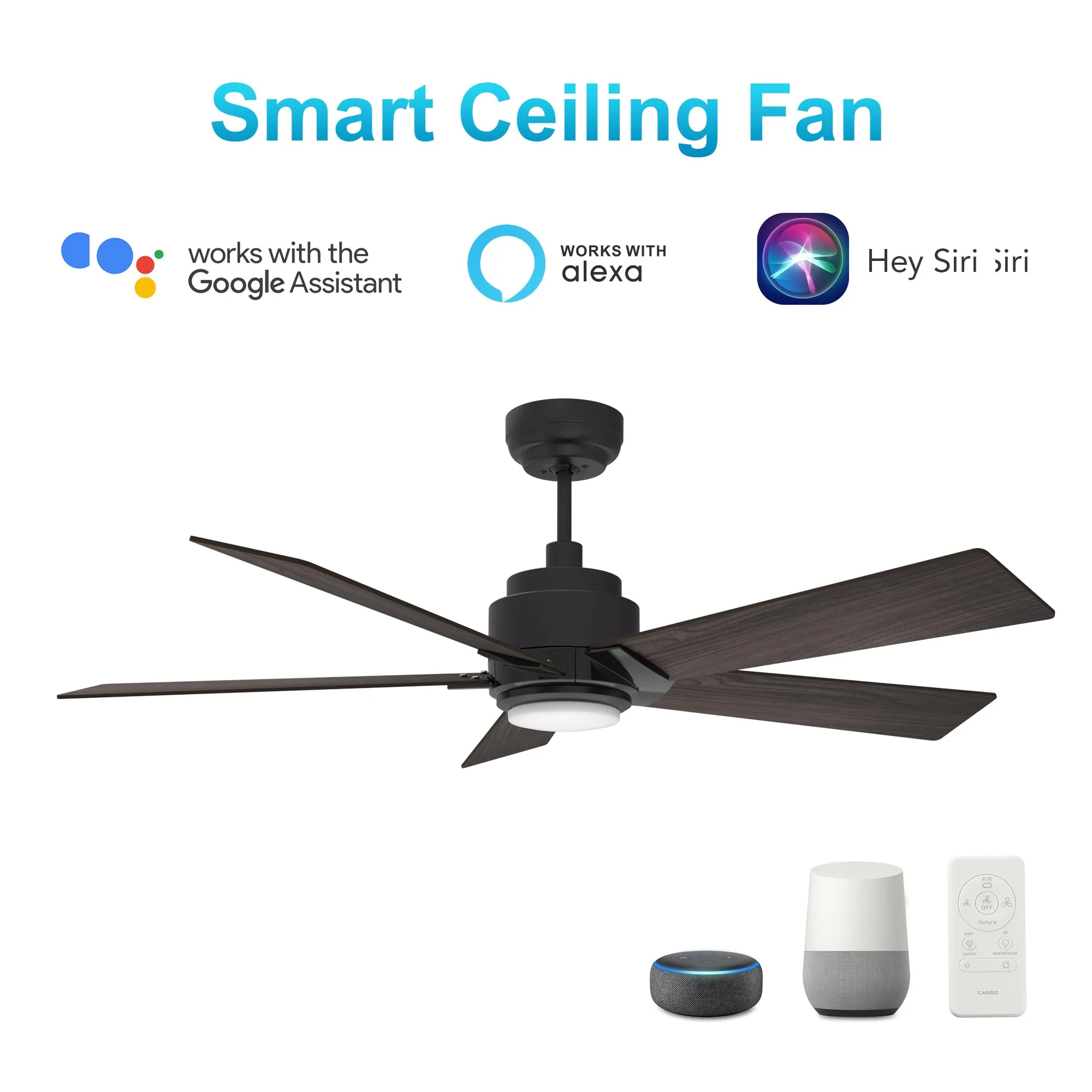 ASCENDER 52 inch 5-Blade Smart Ceiling Fan with LED Light & Remote Control - Black/Dark Wood