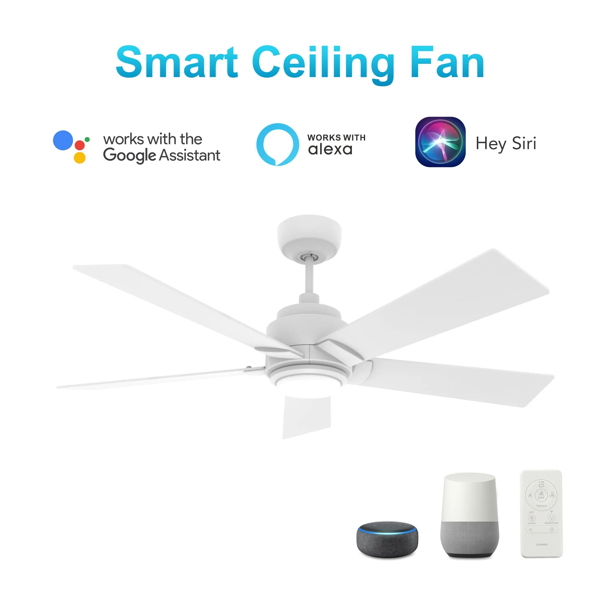 ASCENDER 52 inch 5-Blade Smart Ceiling Fan with LED Light & Remote Control - White/White