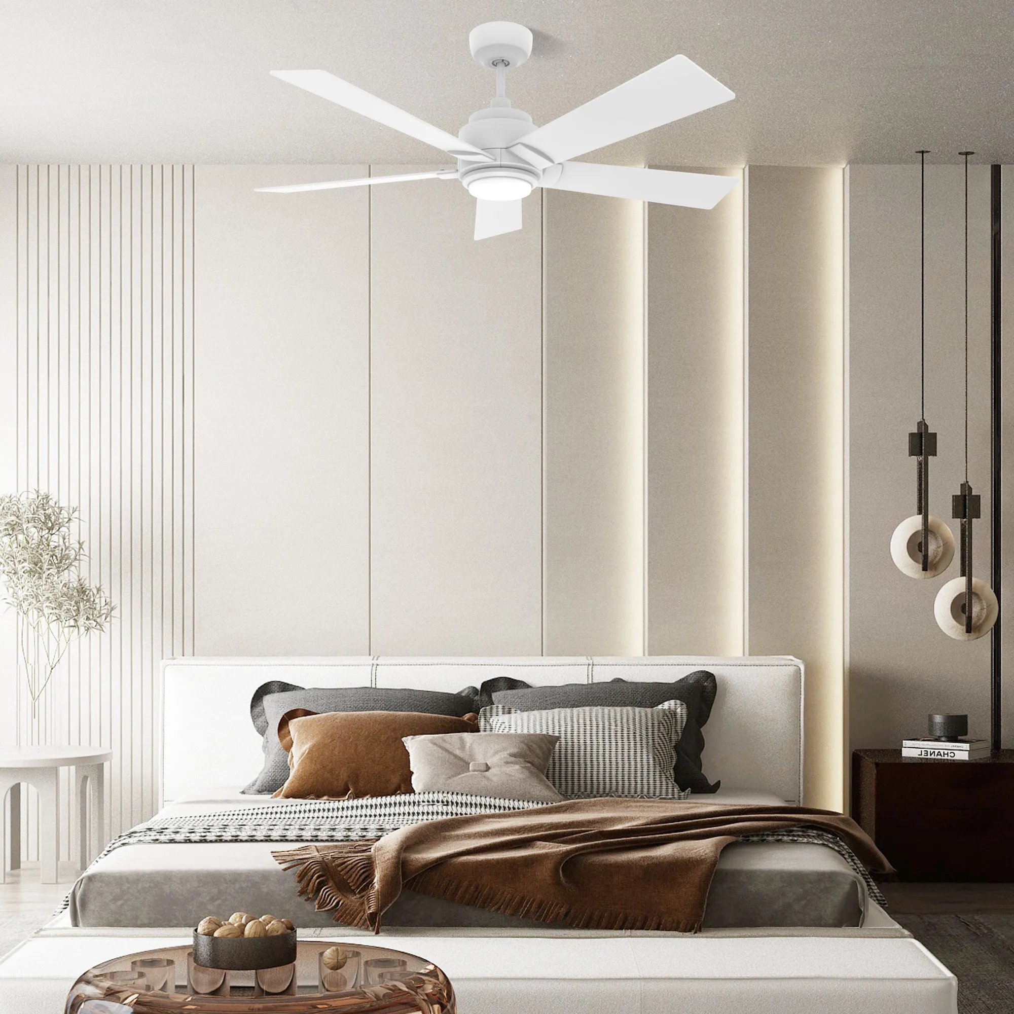 ASCENDER 52 inch 5-Blade Smart Ceiling Fan with LED Light & Remote Control - White/White