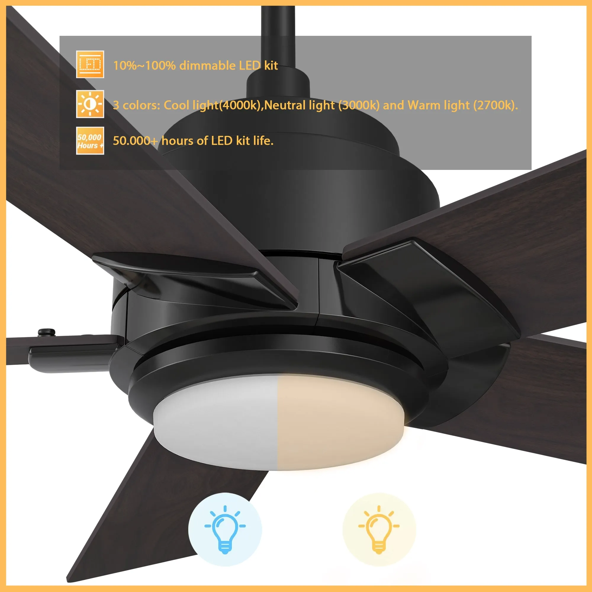 ASCENDER 60 inch 5-Blade Smart Ceiling Fan with LED Light & Remote Control - Black/Walnut & Barnwood (Reversible Blades)