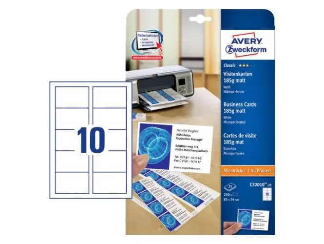 Avery C32010-25 Double Sided Business Cards Matt, 185g [PK-250]