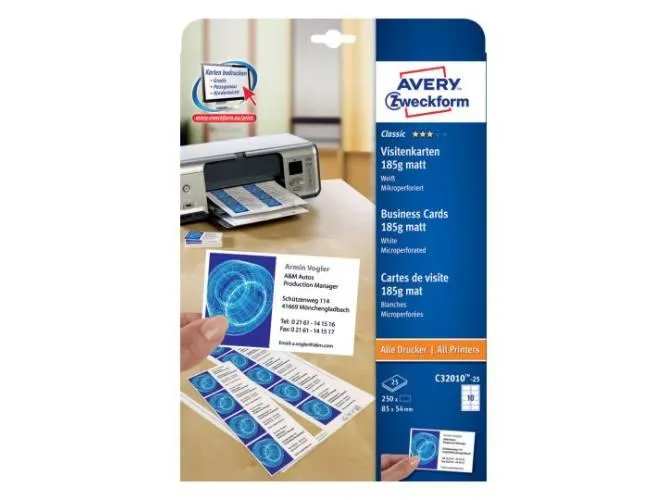 Avery C32010-25 Double Sided Business Cards Matt, 185g [PK-250]