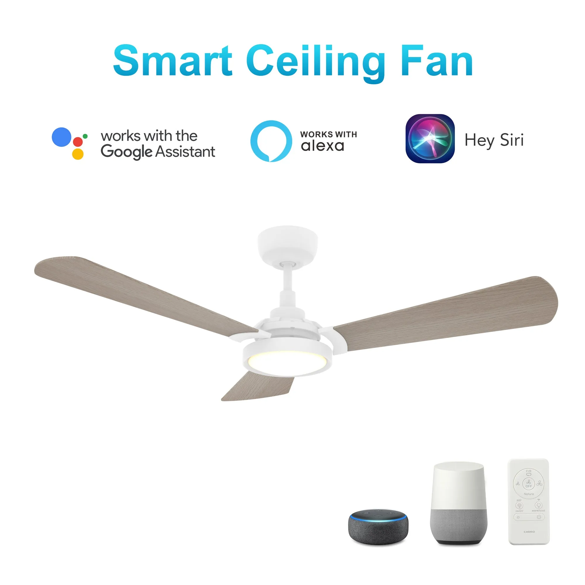 BRISA 56 inch 3-Blade Smart Ceiling Fan with LED Light & Remote Control - White/Light Wood