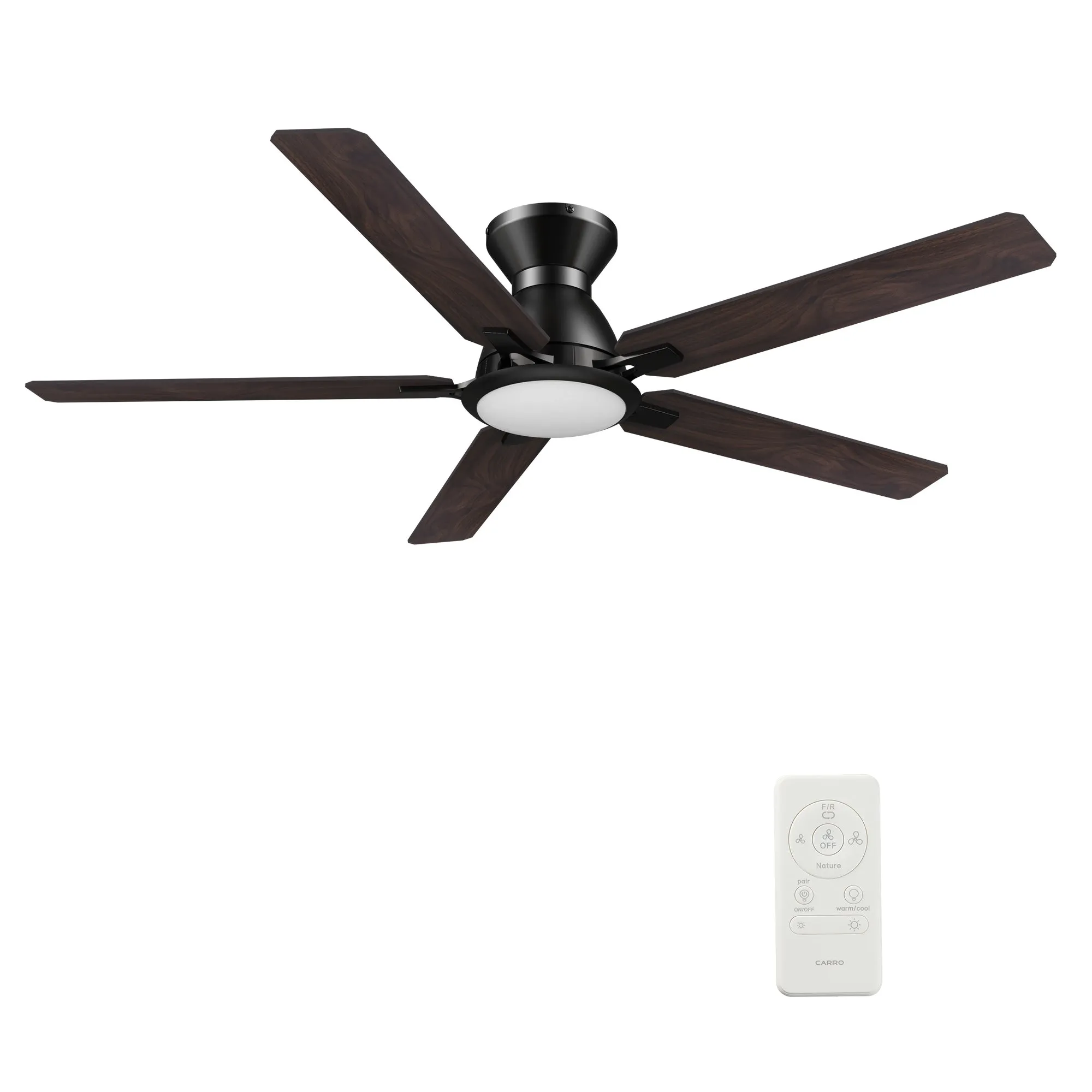 BRISTOL 52 inch 5-Blade Flush Mount Ceiling Fan with LED Light & Remote Control - Black/Walnut & Barnwood (Reversible Blades)