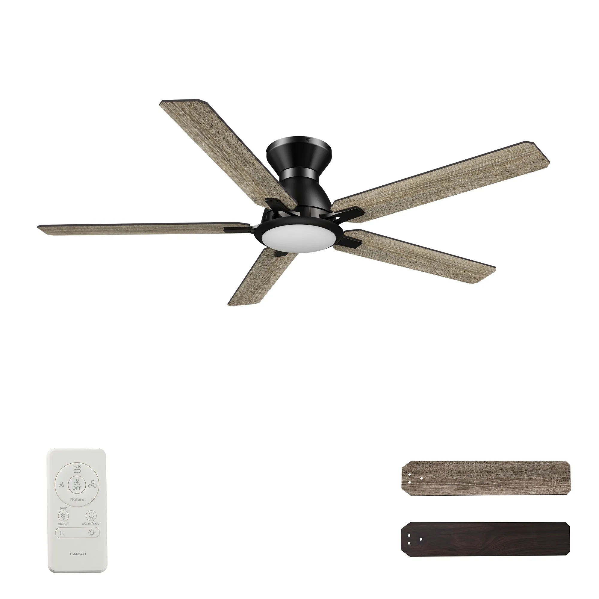 BRISTOL 52 inch 5-Blade Flush Mount Ceiling Fan with LED Light & Remote Control - Black/Walnut & Barnwood (Reversible Blades)