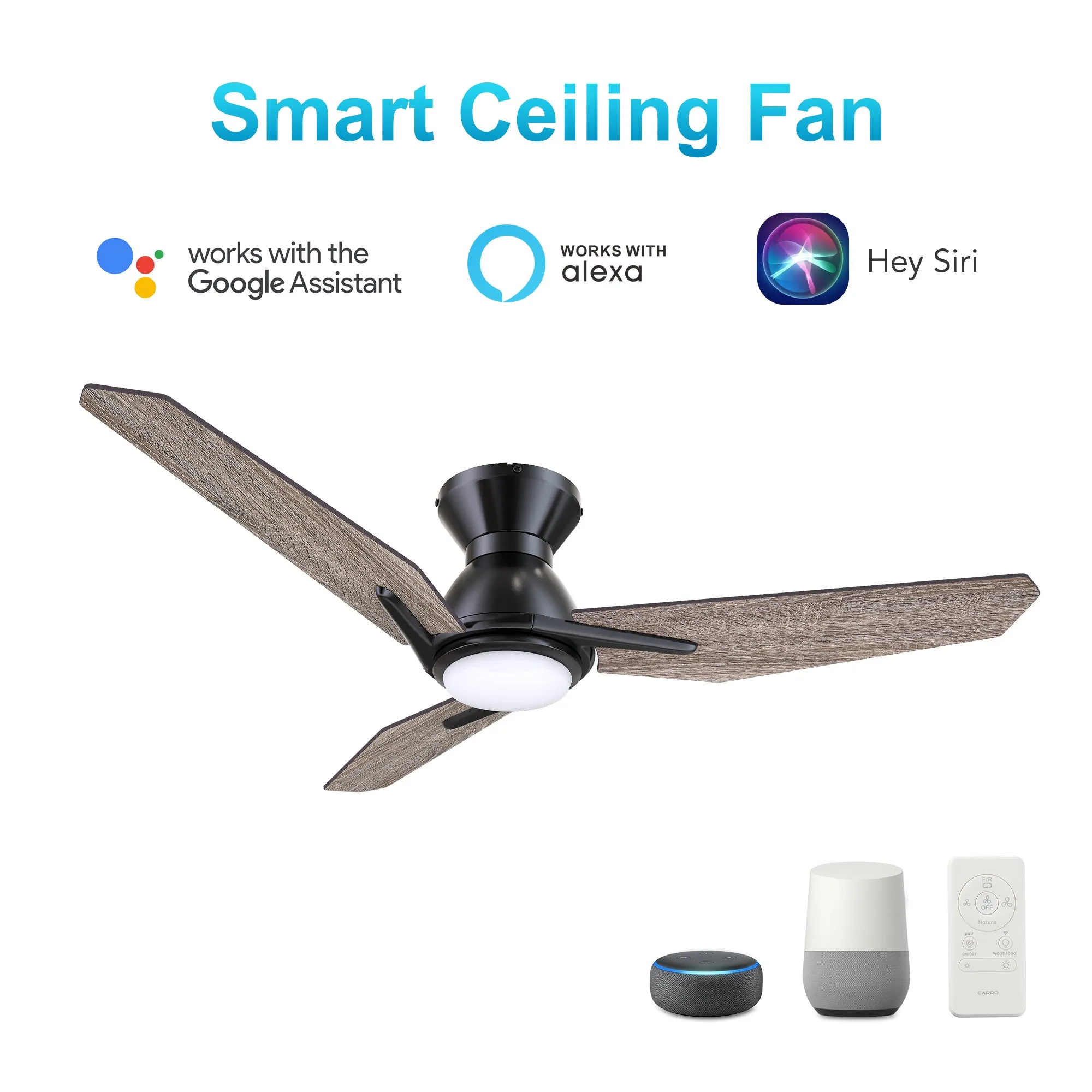 CALEN 48 inch 3-Blade Flush Mount Smart Ceiling Fan with LED Light Kit & Remote Control- Black/Barnwood