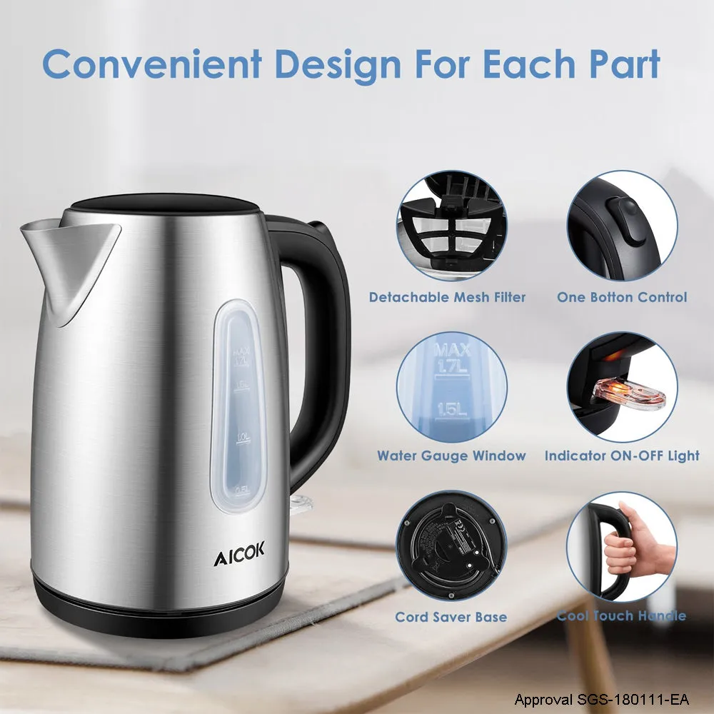 Electric Stainless Kettle Fast Boil 1.7L 2200W Auto Shut-Off Boil-Dry Protection