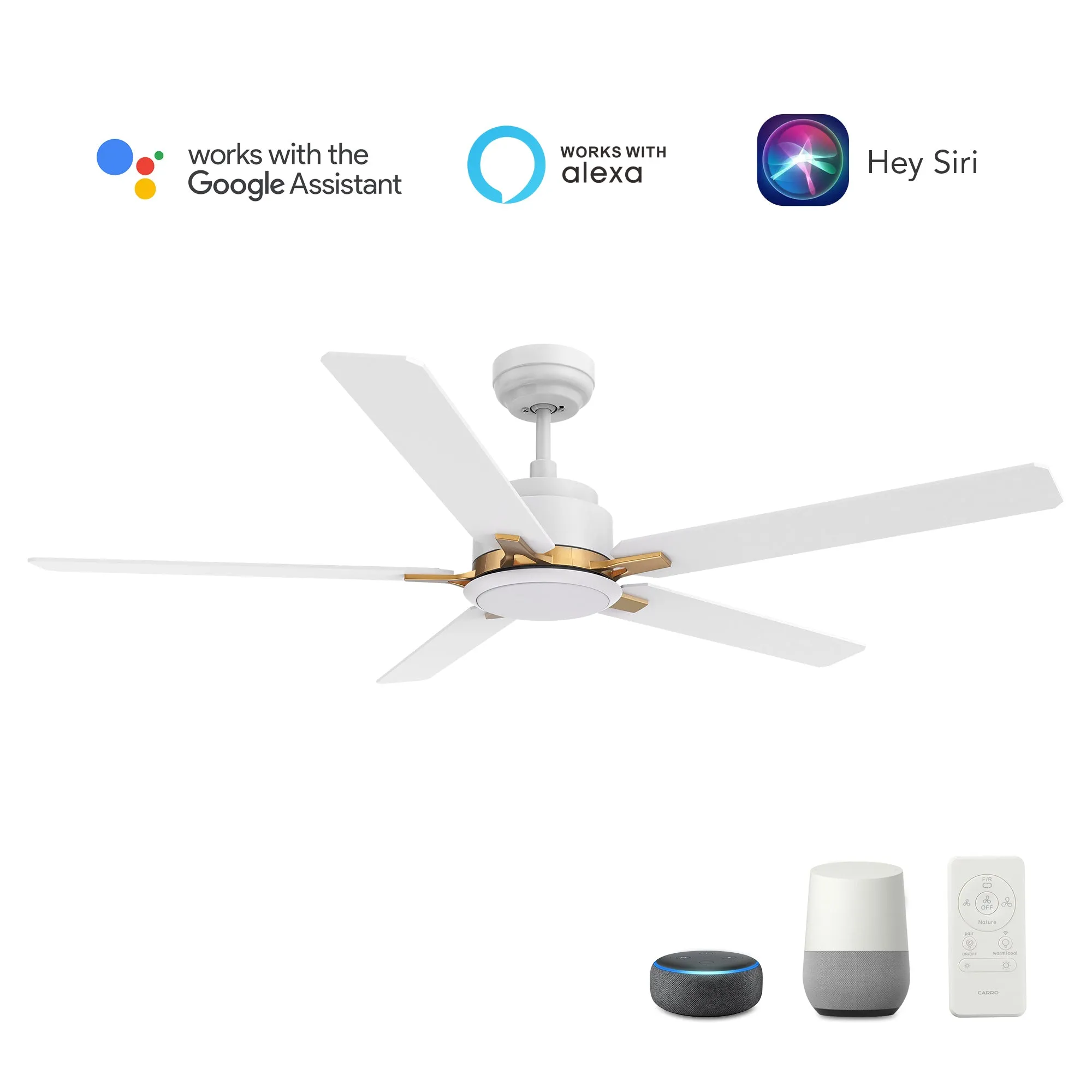 ESPEAR 52 inch 5-Blade Smart Ceiling Fan with LED Light Kit & Remote - White/White (Gold Detail)