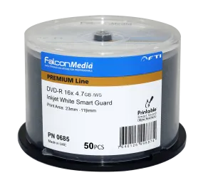 FalconMedia 4.7GB 16x SmartGuard White Inkjet DVD-R - Glossy, Water-Resistant, Hub Printable - Carton of 300 Discs