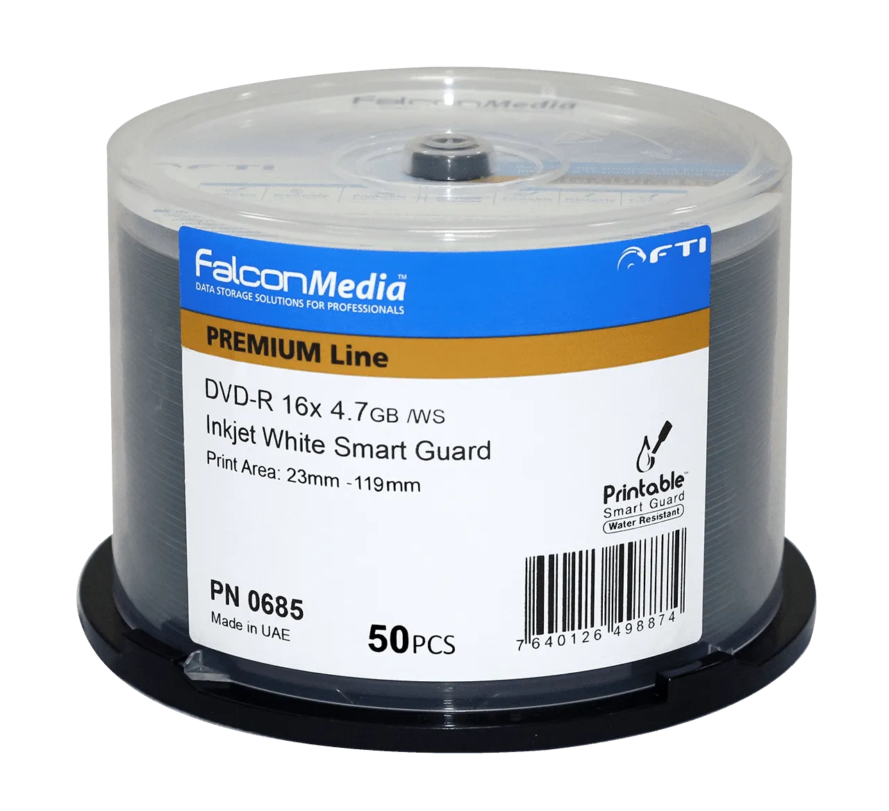 FalconMedia 4.7GB 16x SmartGuard White Inkjet DVD-R - Glossy, Water-Resistant, Hub Printable - Carton of 300 Discs