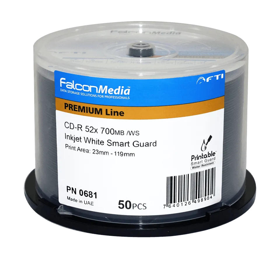 FalconMedia 700mb/80 Minute 52x SmartGuard White Inkjet CD-R - Glossy, Water-Resistant - Carton of 300 Discs