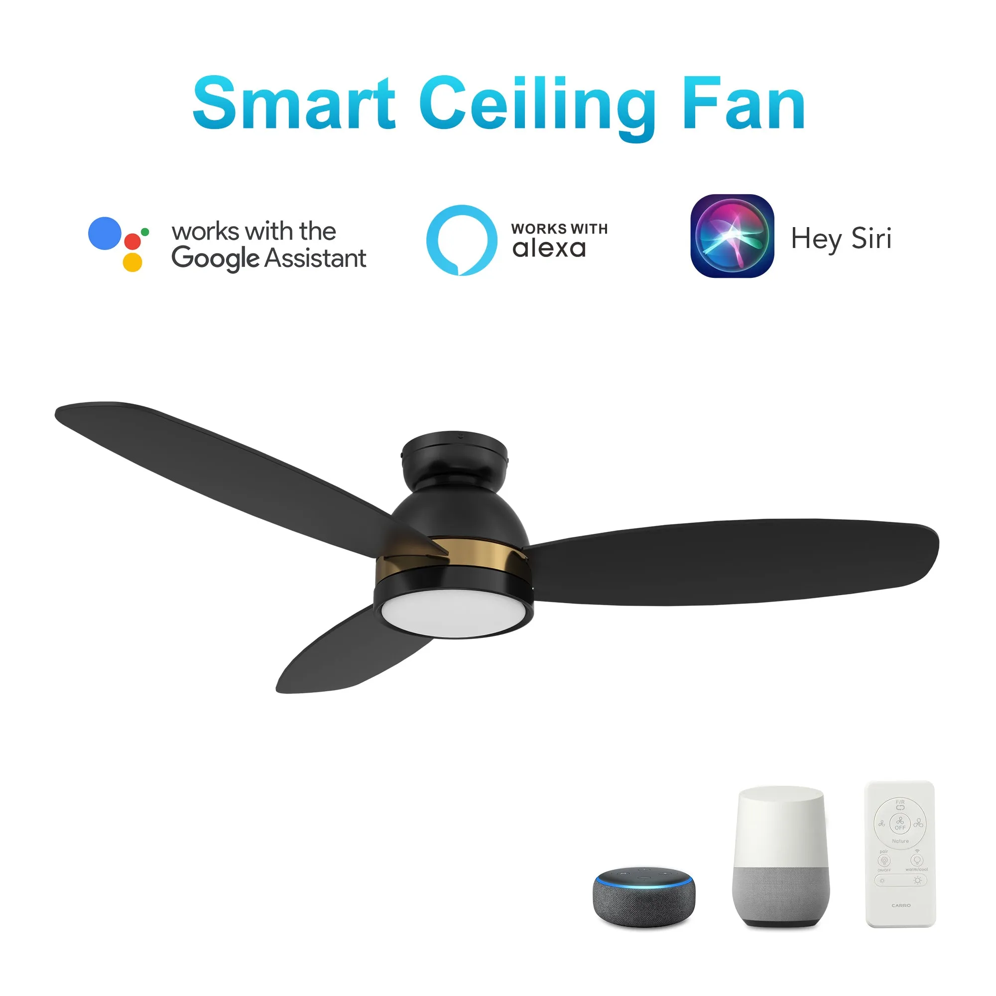 FREMONT 52 inch 3-Blade Flush Mount Smart Ceiling Fan with LED Light Kit & Remote- Black/Black (Gold Detail)