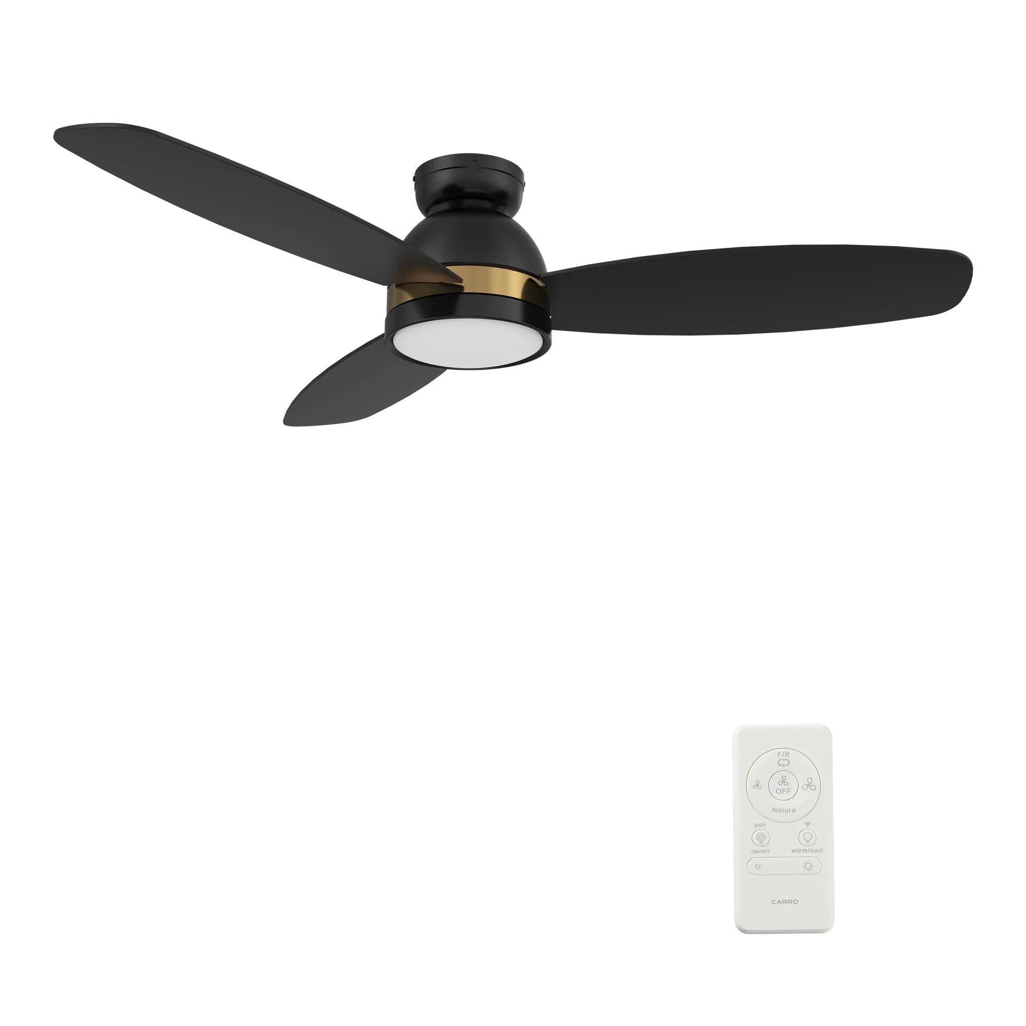 FREMONT 52 inch 3-Blade Flush Mount Smart Ceiling Fan with LED Light Kit & Remote- Black/Black (Gold Detail)