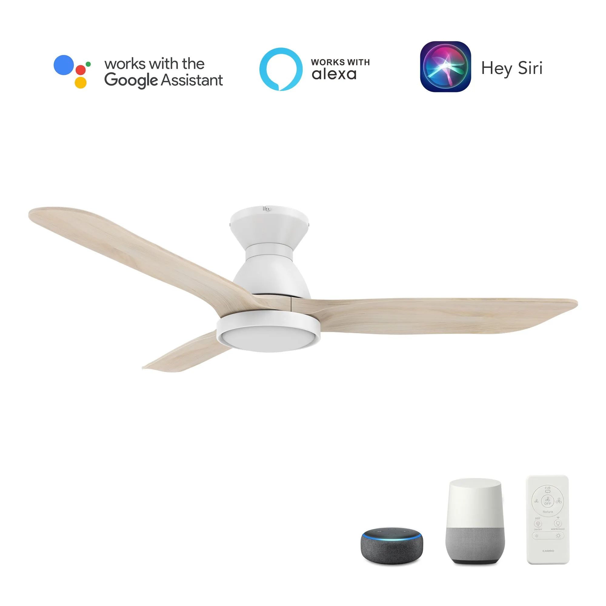 GARRICK 52 inch 3-Blade Flush Mount Smart Ceiling Fan with LED Light Kit & Remote- White/White Oak