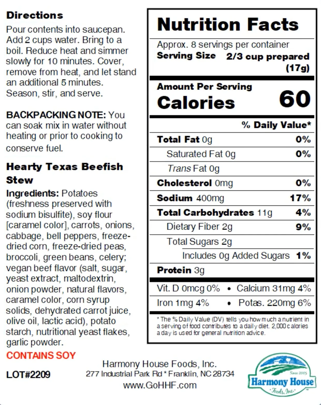 Harmony House Hearty Texas Beefish Stew (4.85 oz)