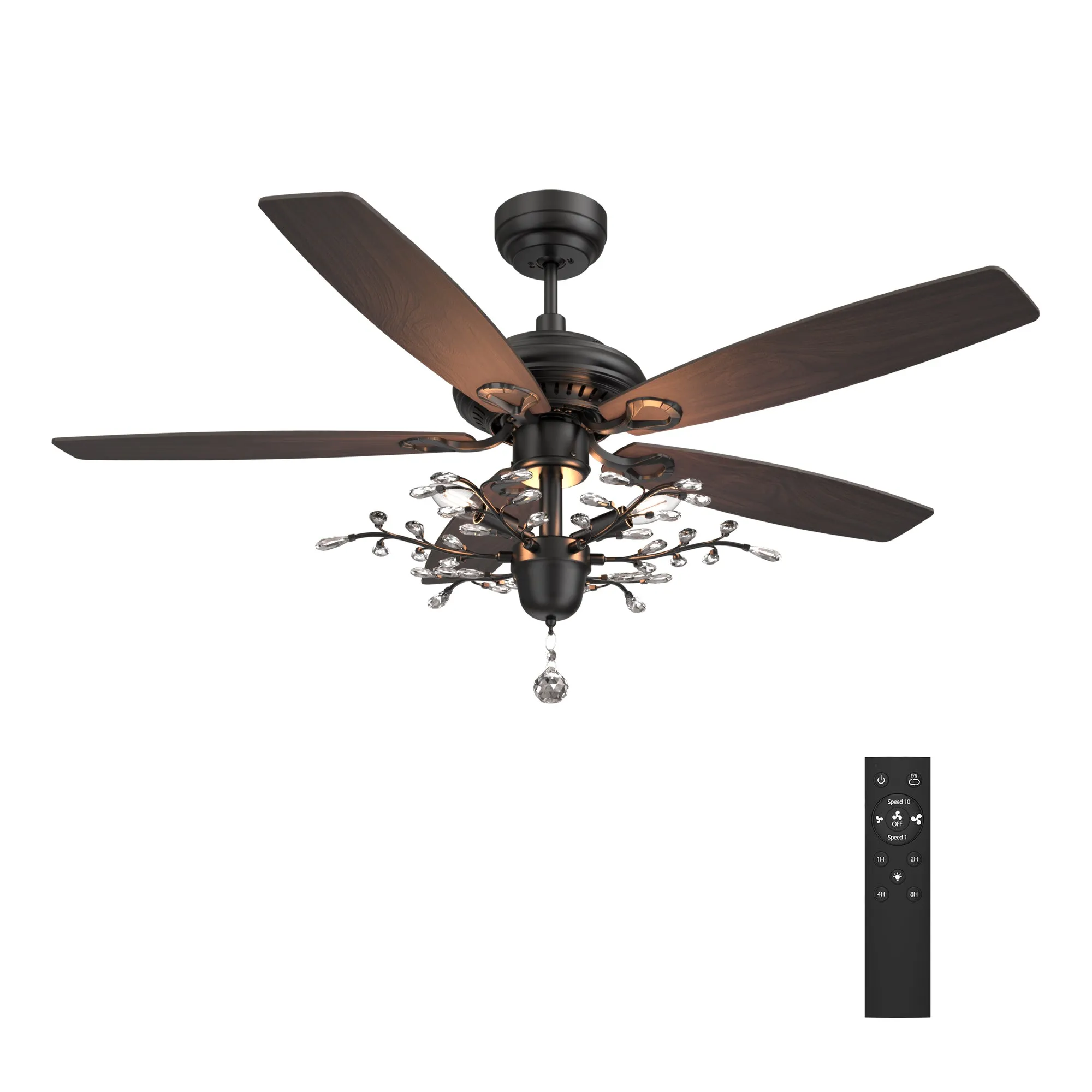 HUNTLEY 52 inch 5-Blade Crystal Ball Pendant Ceiling Fan with Light & Remote Control - Black/Light Wood & Walnut (Reversible Blades)