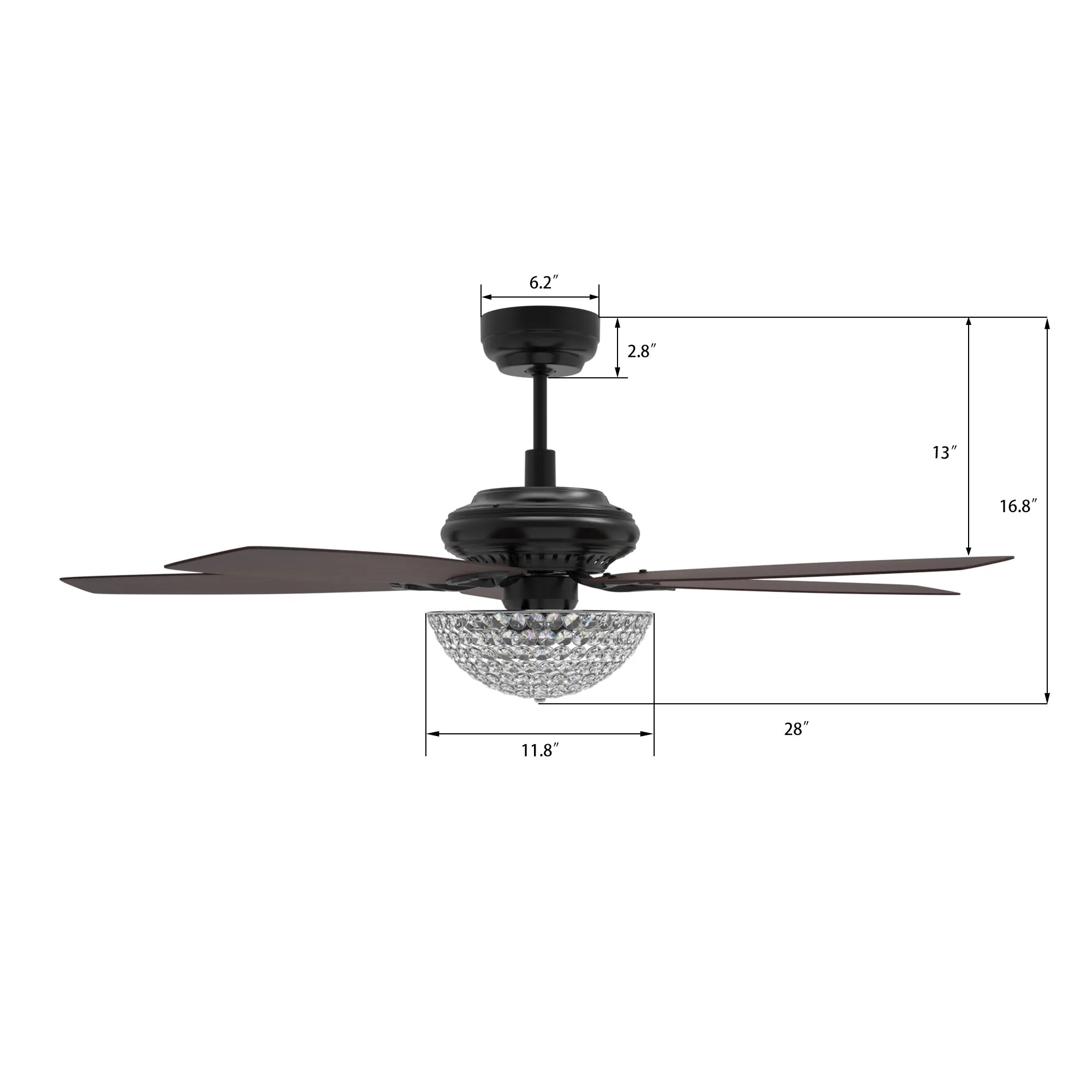 HUNTLEY 56 inch 5-Blade Crystal Ceiling Fan with Light & Remote Control - Black/Rosewood