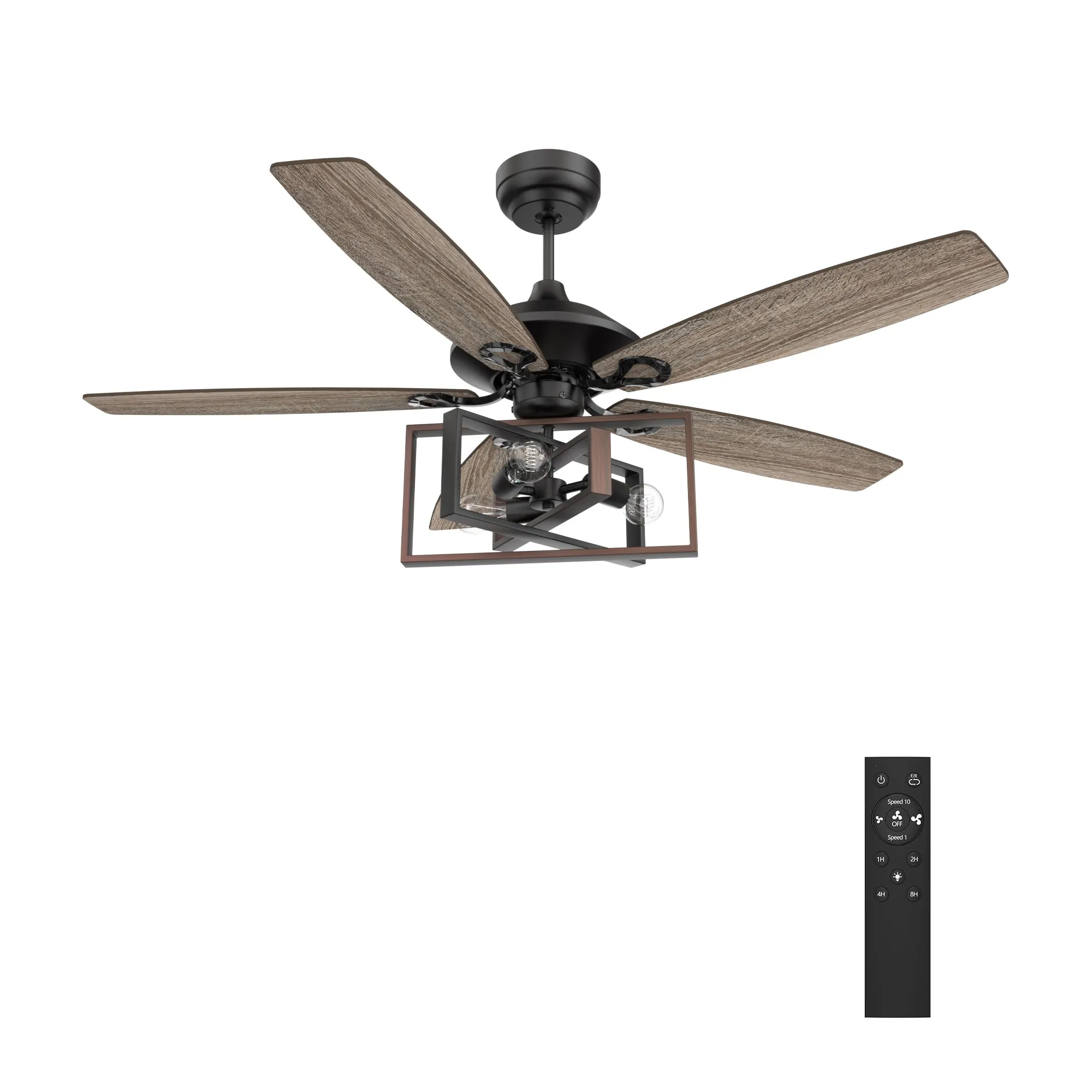 KARSON 52 inch 5-Blade Ceiling Fan with Light & Remote, Industrial Cage - Black/Dark Wood (Reversible Blades)