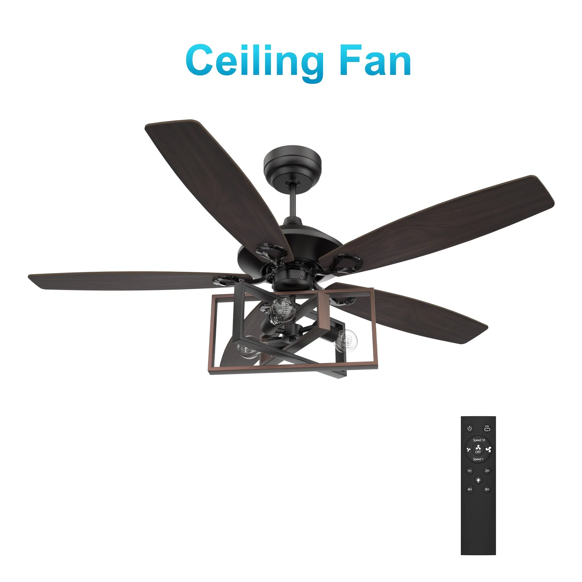 KARSON 52 inch 5-Blade Ceiling Fan with Light & Remote, Industrial Cage - Black/Dark Wood (Reversible Blades)