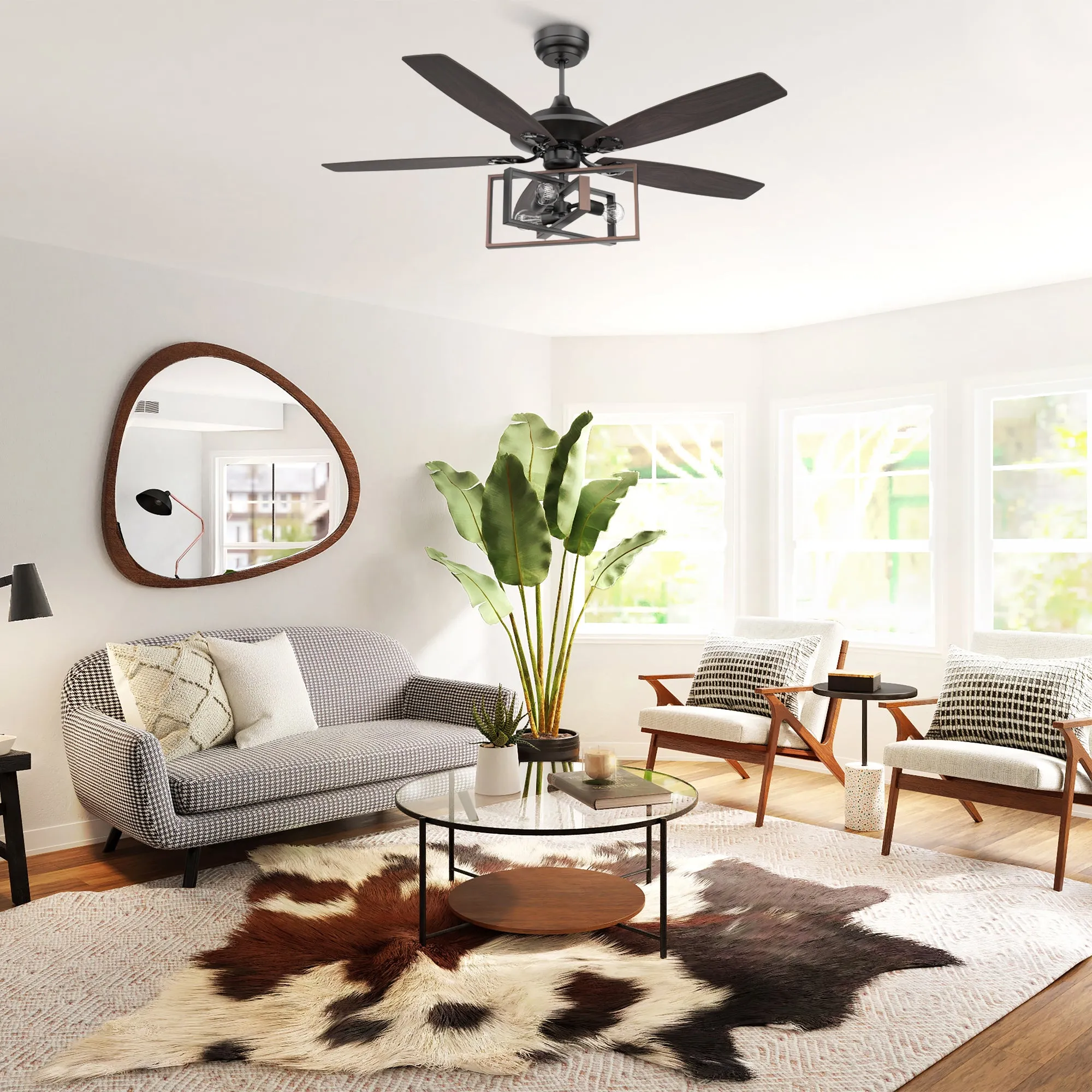 KARSON 52 inch 5-Blade Ceiling Fan with Light & Remote, Industrial Cage - Black/Dark Wood (Reversible Blades)