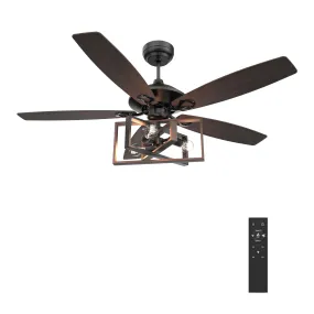 KARSON 52 inch 5-Blade Ceiling Fan with Light & Remote, Industrial Cage - Black/Dark Wood (Reversible Blades)