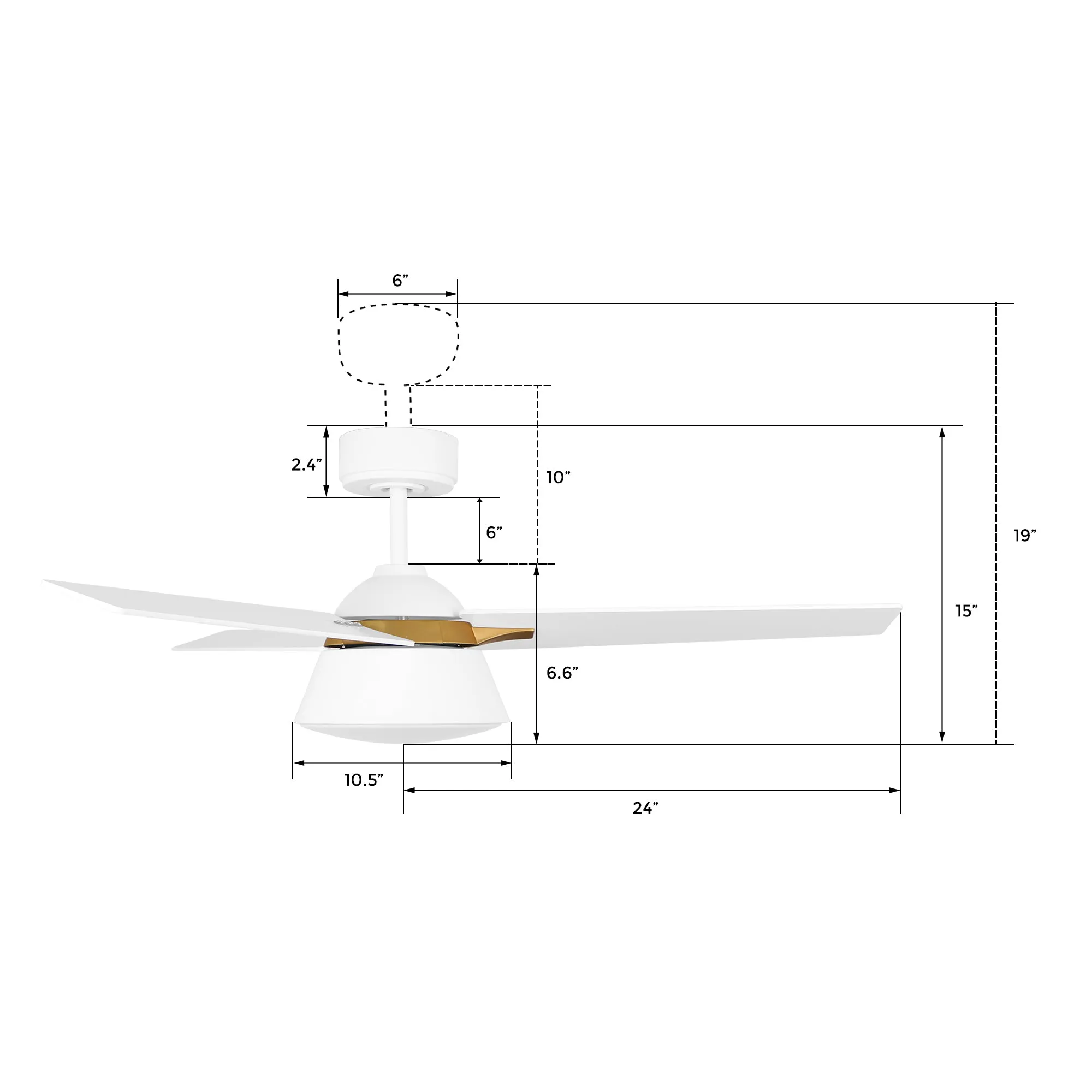 KENORA 48 inch 3-Blade Ceiling Fan with LED Light Kit & Remote Control - White/White (Gold Detail)