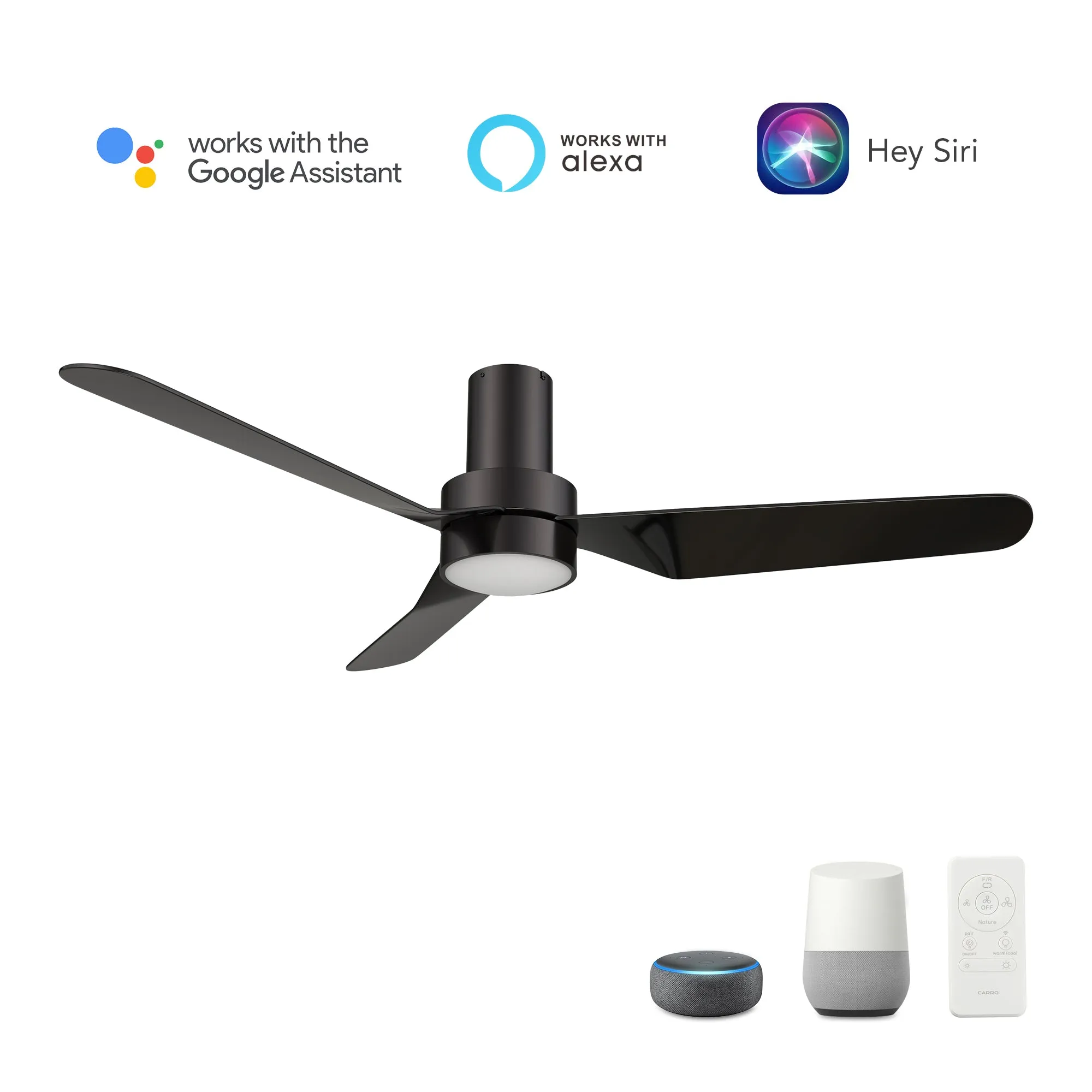 MADRID 52 inch 3-Blade Flush Mount Smart Ceiling Fan with LED Light Kit & Remote- Black/Black