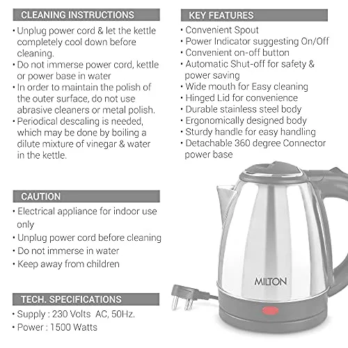 Milton Insta Electric 1500 Stainless Steel Kettle, 1.5 Litres, Silver