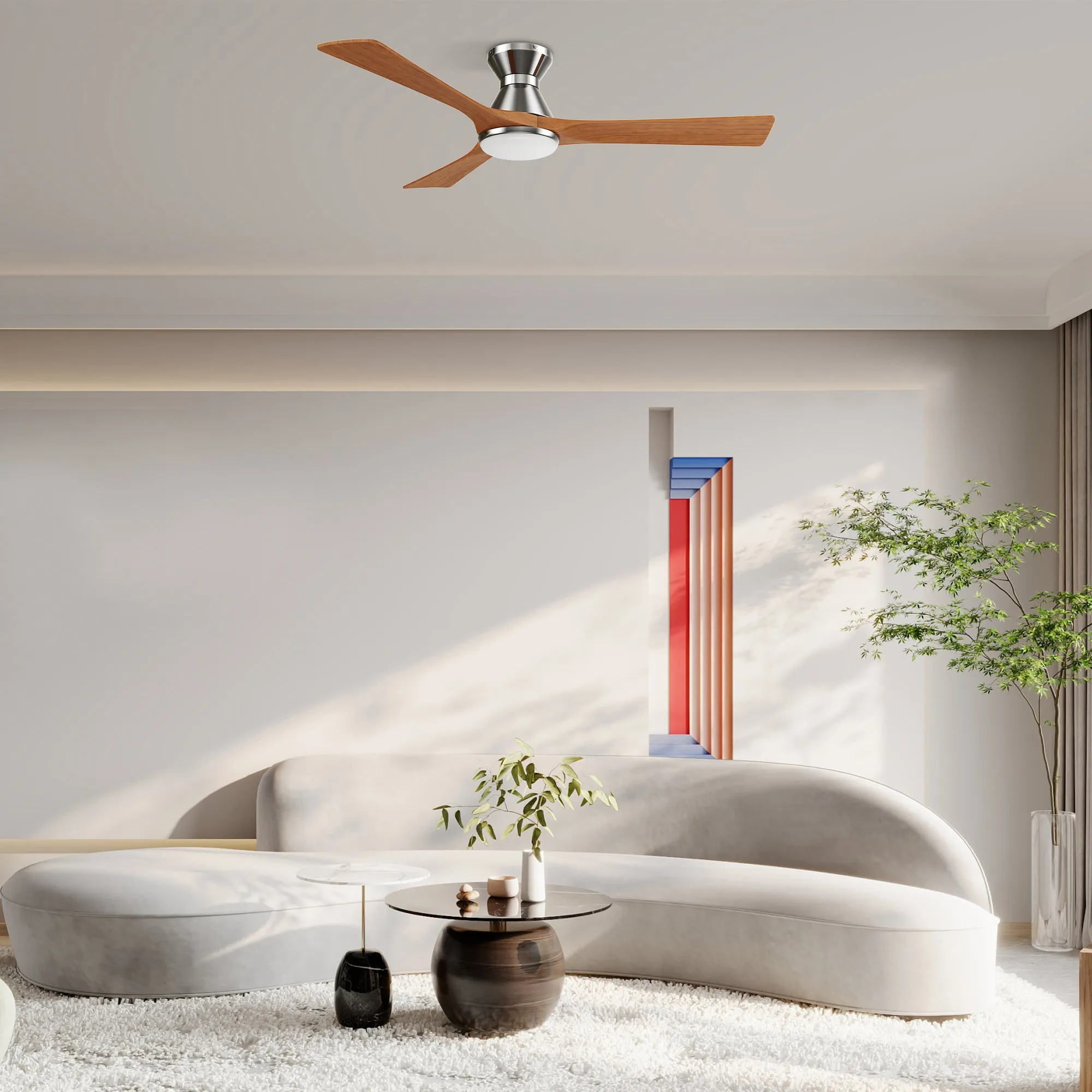 NICOLET 52 inch 3-Blade Flush Mount Smart Ceiling Fan with LED Light Kit & Remote- Silver/Antique Walnut