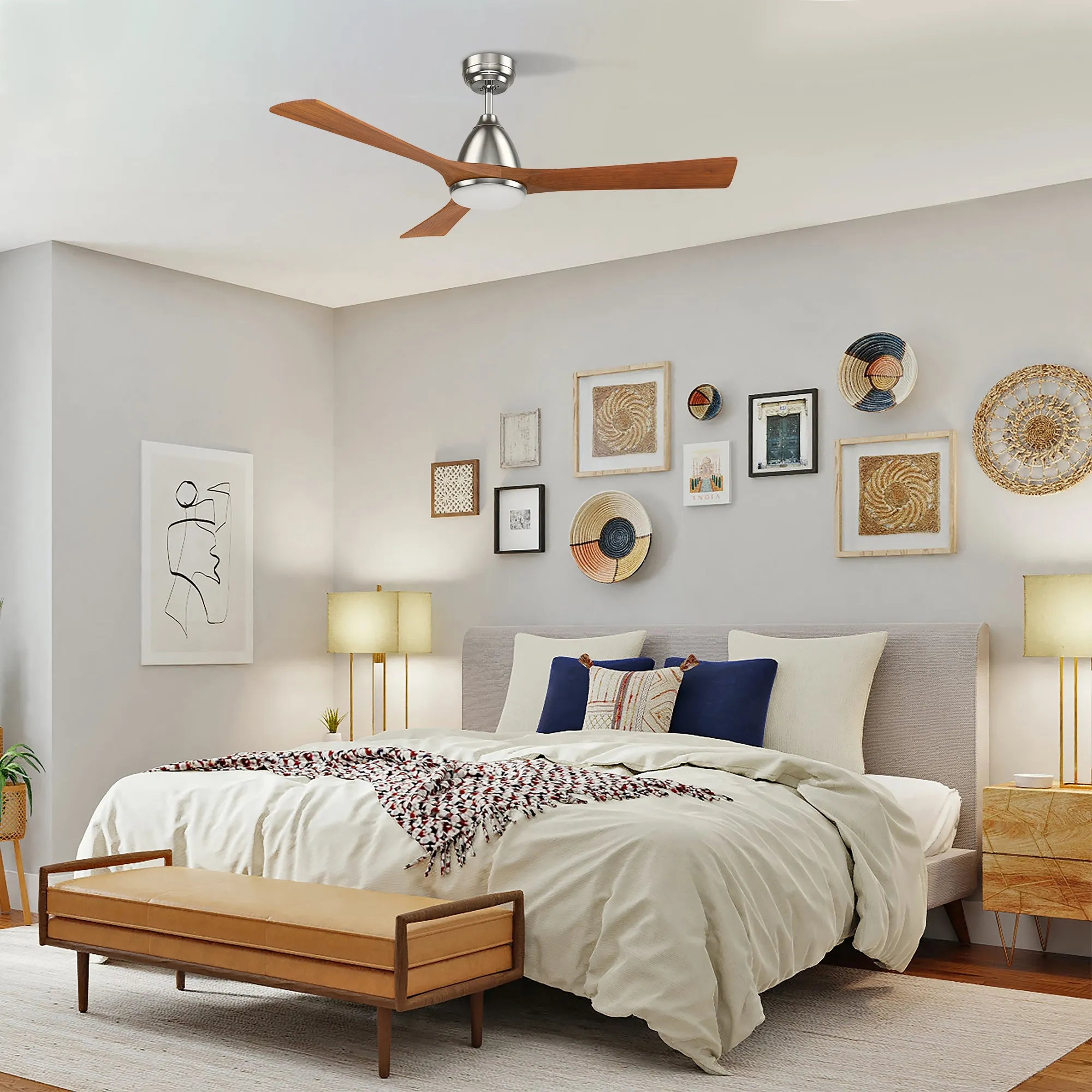 NICOLET 52 inch 3-Blade Smart Ceiling Fan with LED Light Kit & Remote- Silver/Antique Walnut Solid Wood Blades