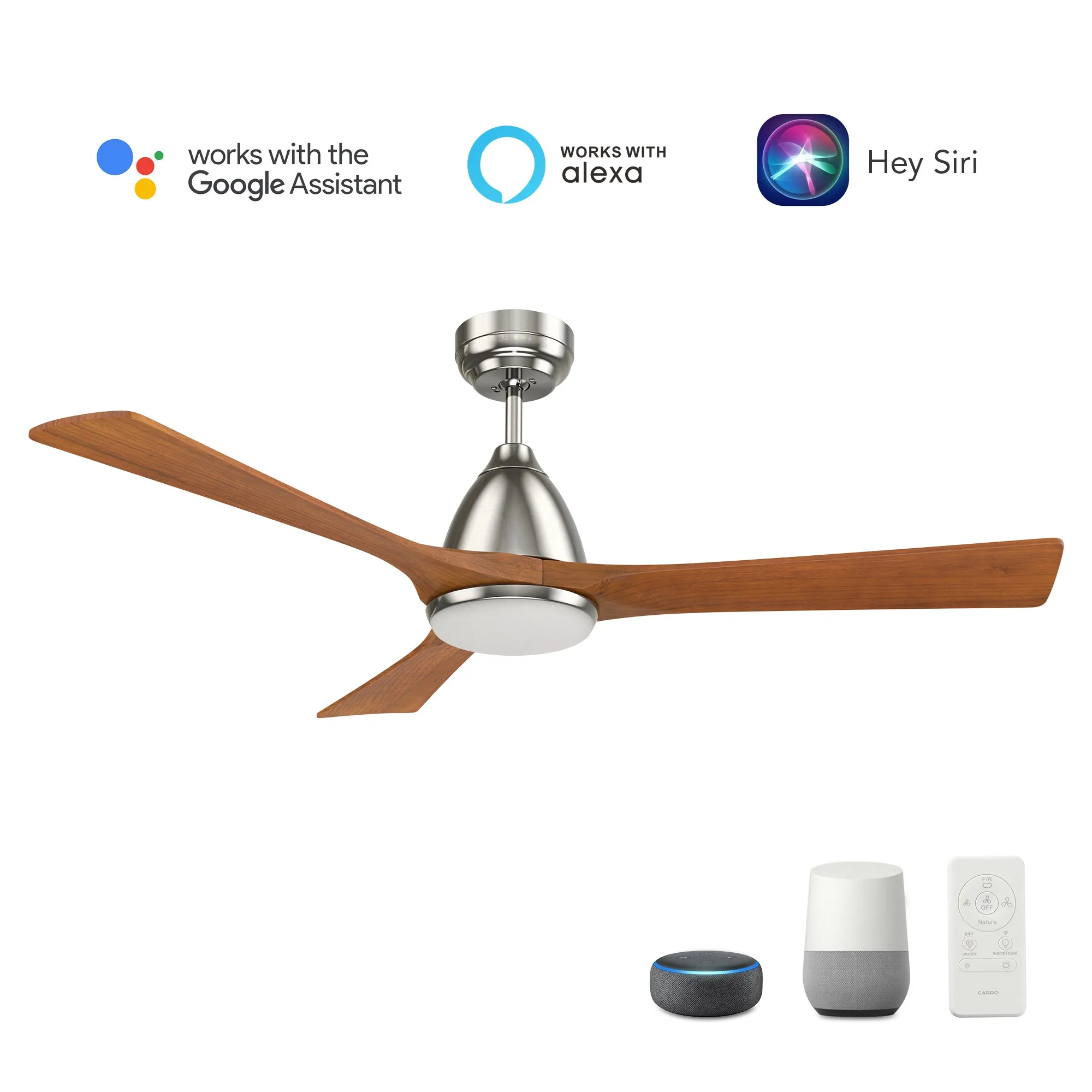 NICOLET 52 inch 3-Blade Smart Ceiling Fan with LED Light Kit & Remote- Silver/Antique Walnut Solid Wood Blades