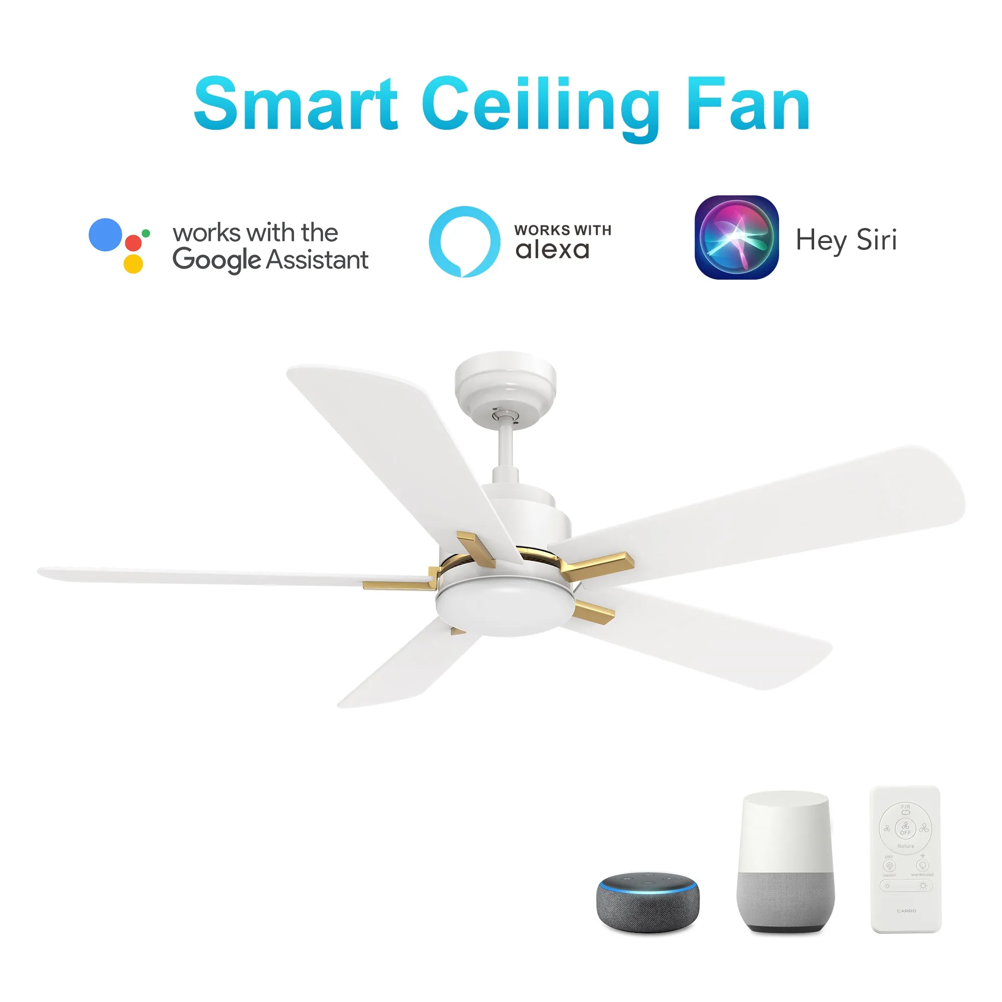 OLINDA 52 inch 5-Blade Smart Ceiling Fan with LED Light Kit & Remote- White/White (Gold Detail)